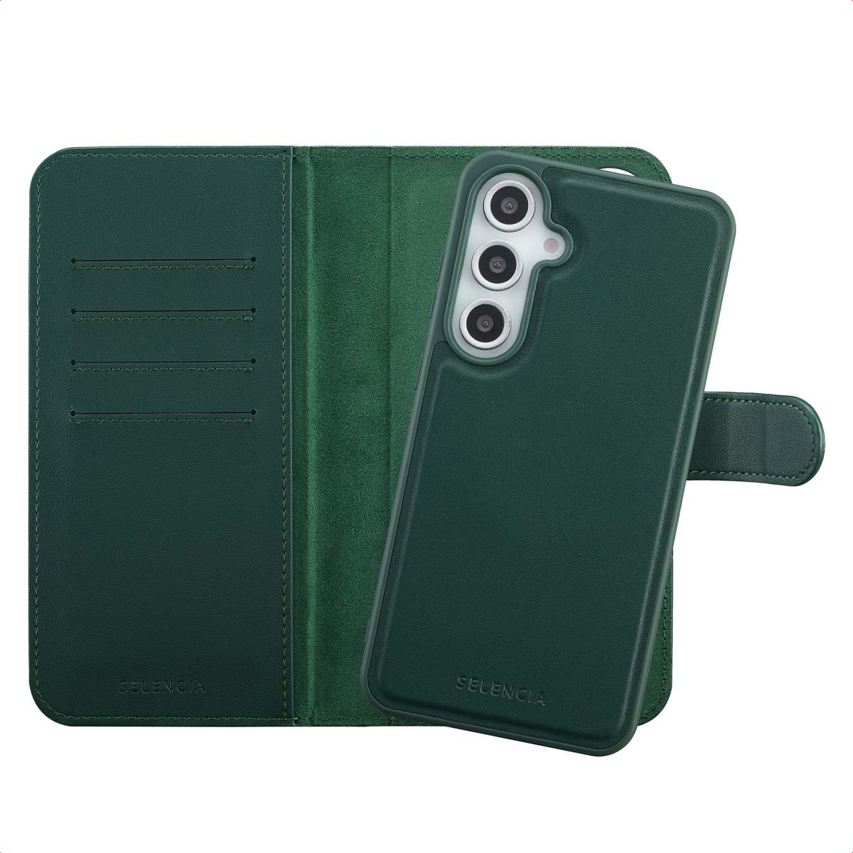 Een groene telefoonhoes en portemonnee. De telefoonhoes heeft drie camera's. De portemonnee heeft kaartsleuven en een magnetische sluiting.