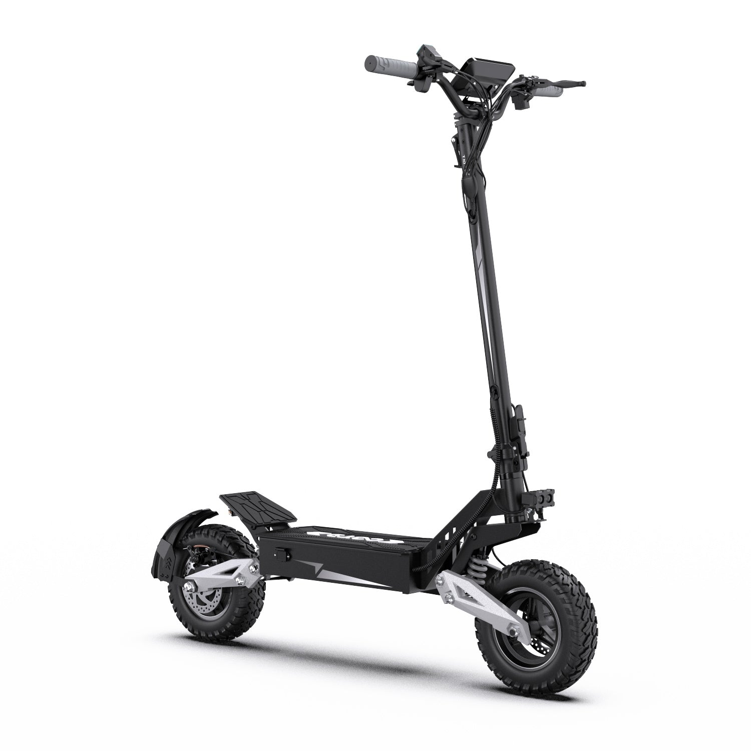 Scooter elettrico nero su sfondo bianco. Ha ruote grandi, un lungo stelo e un display sul manubrio.