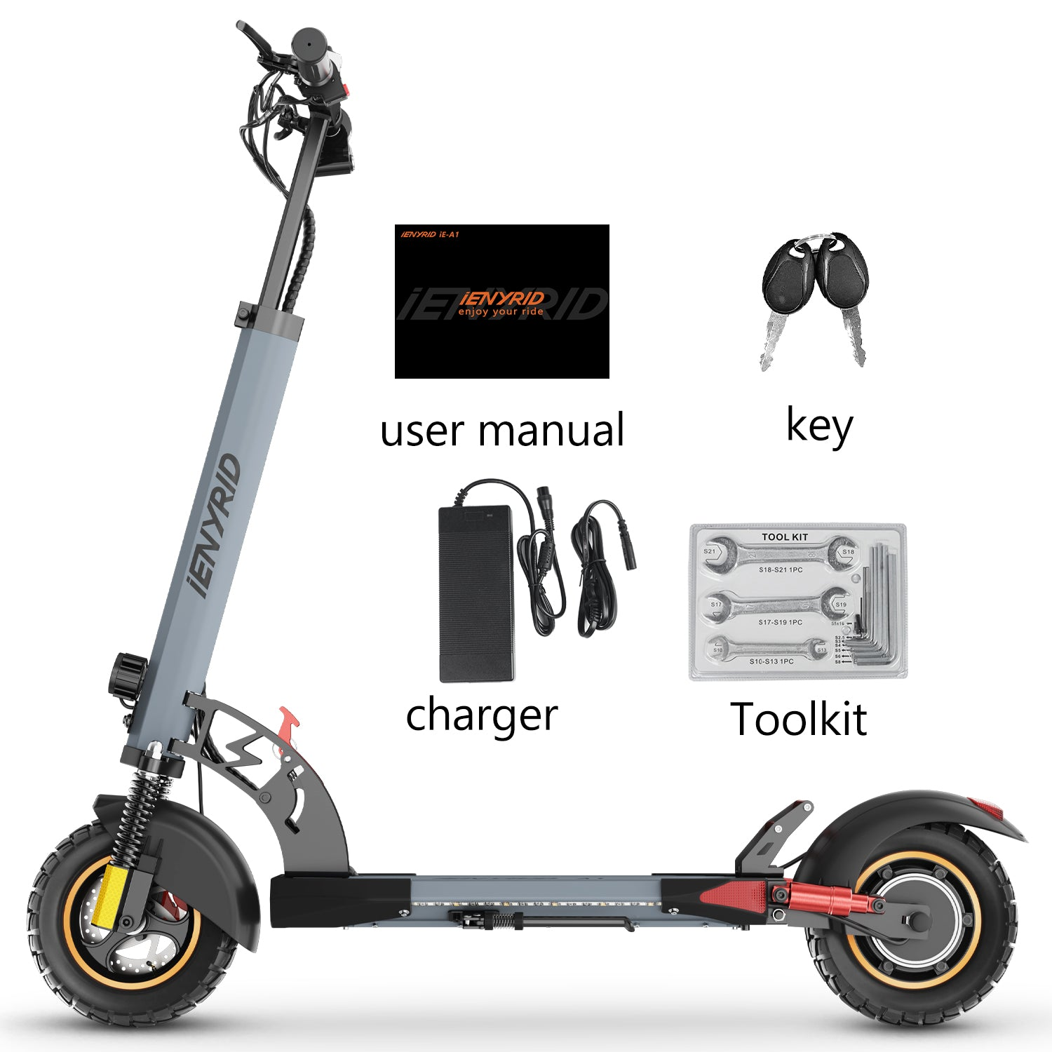 Un monopattino elettrico con accessori: chiave, caricabatterie, kit di attrezzi e manuale utente. Il monopattino è grigio e nero.