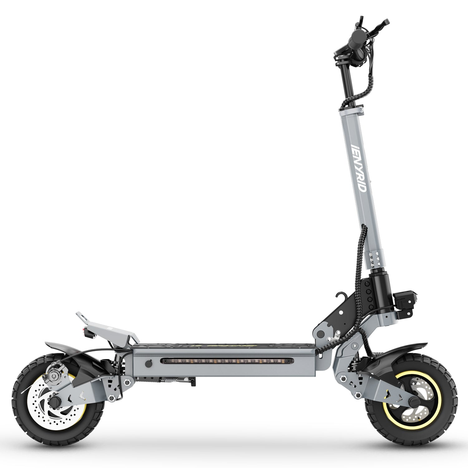 Un monopattino elettrico grigio con dettagli neri e cerchi gialli. Ha due ruote grandi, un manubrio e una piattaforma.