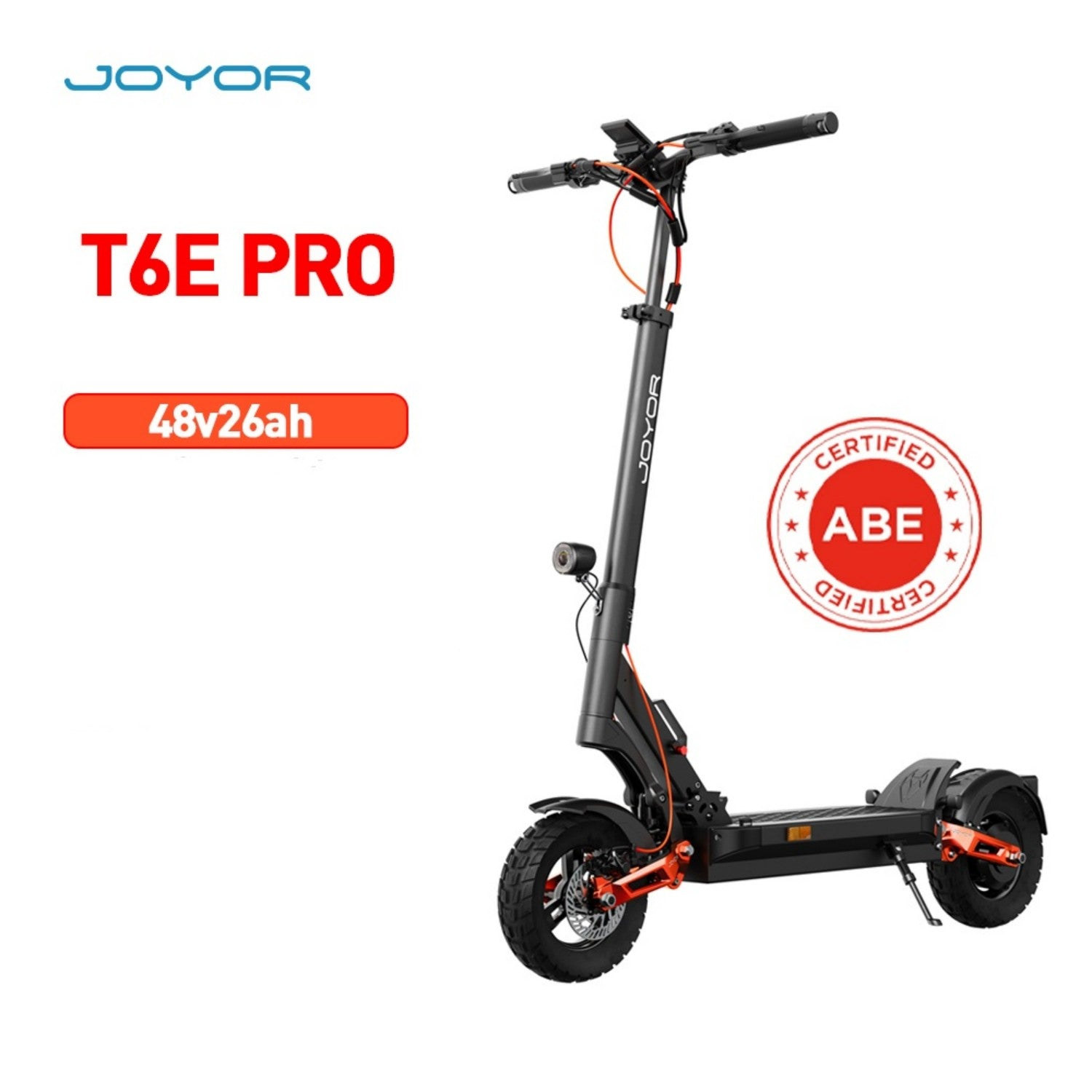 Un monopattino elettrico con telaio nero, dettagli arancioni e un sigillo 'Certified ABE'. Testo: T6E PRO, 48v26ah e logo JOYOR.
