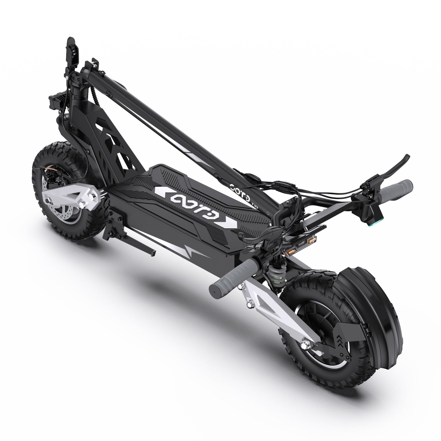 Uno scooter elettrico nero con pneumatici grandi è visto dall'alto. Ha sospensioni argentate e manubrio grigio, su sfondo bianco.