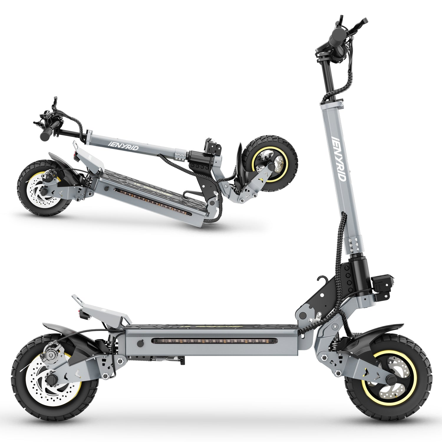 Due scooter elettrici grigi su sfondo bianco. Uno è piegato. Entrambi hanno pneumatici neri con cerchi gialli e il marchio IENYRID.
