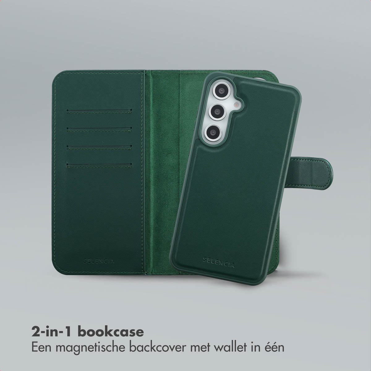 Een groene telefoonhoes en portemonnee set, met een magnetische achterkant en kaartsleuven. De merknaam SELENCIA is zichtbaar.
