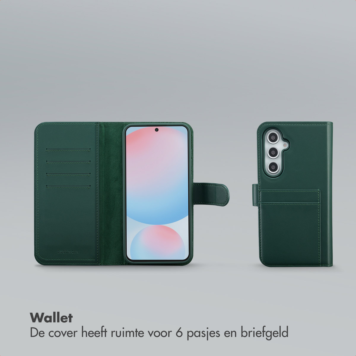 Groene telefoonportemonnee, open en dicht. Telefoonscherm toont kleurrijke afbeelding. De open hoes heeft kaartsleuven.