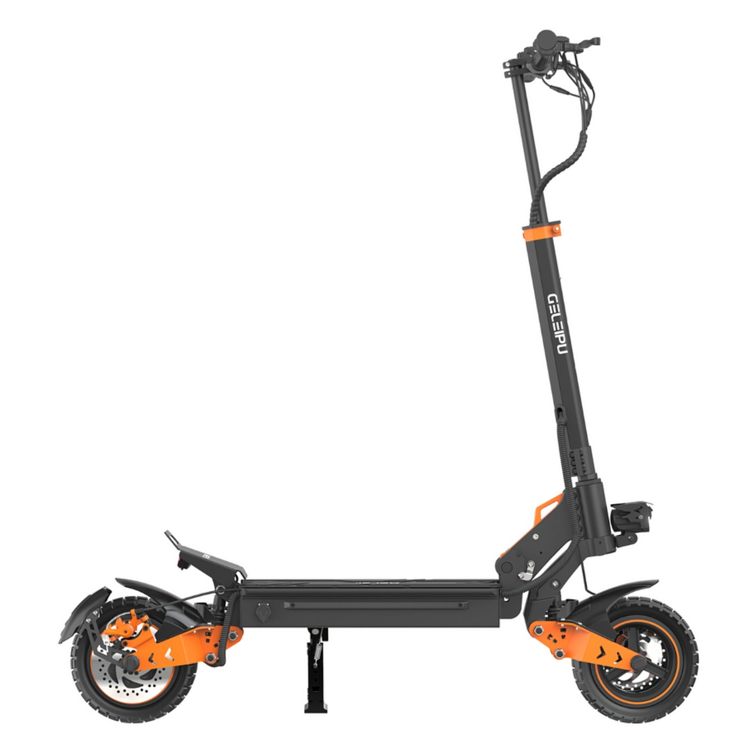 Scooter elettrico nero e arancione su sfondo bianco. Presenta manubrio, ruote e pedana. Marchio: GELEIPU.