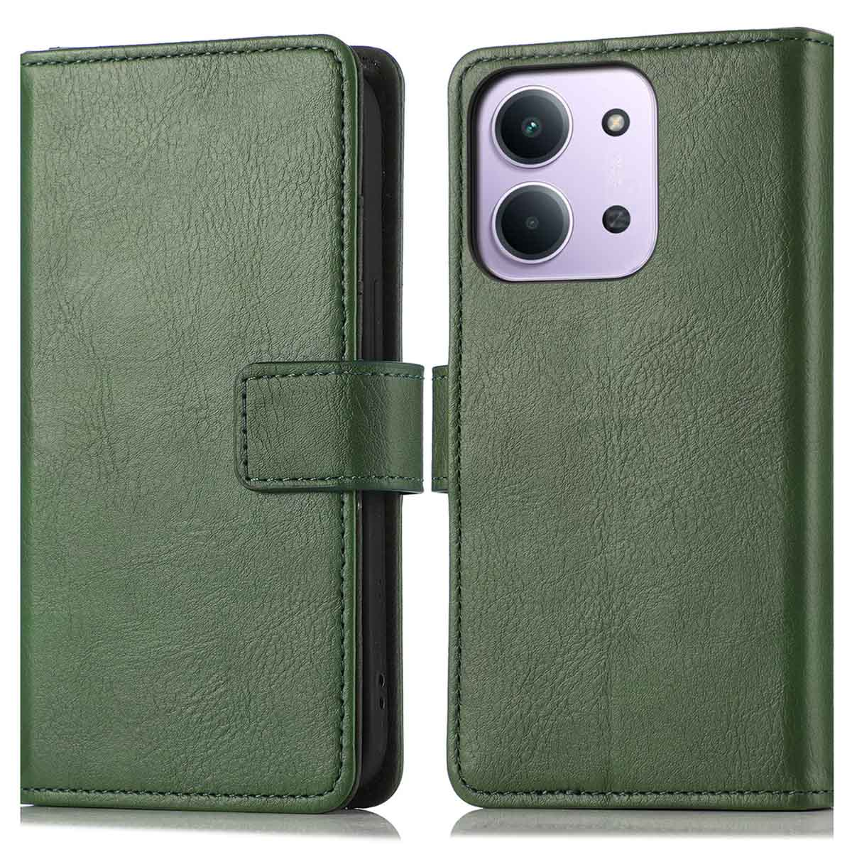 Étui de téléphone en cuir vert, ouvert. Comprend un support pour téléphone avec découpes pour l'appareil photo et une fermeture magnétique. Coutures détaillées visibles.