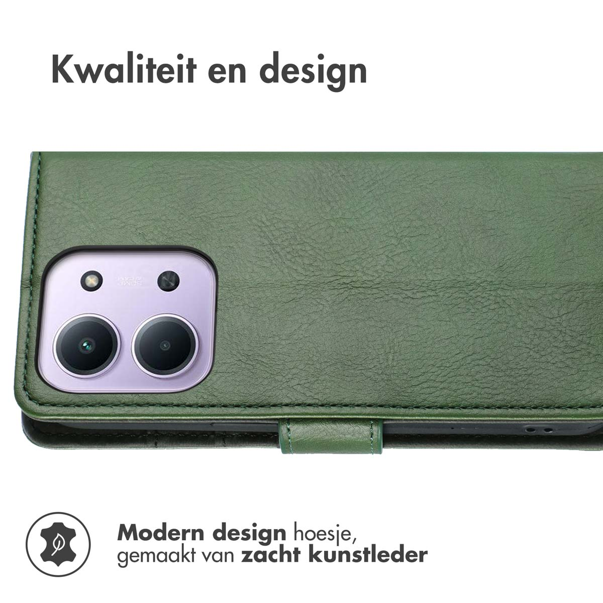 Étui de téléphone en cuir vert avec découpes pour appareil photo. Le texte indique 'Kwaliteit en design' et 'Modern design hoesje, gemaakt van zacht kunstleder'.