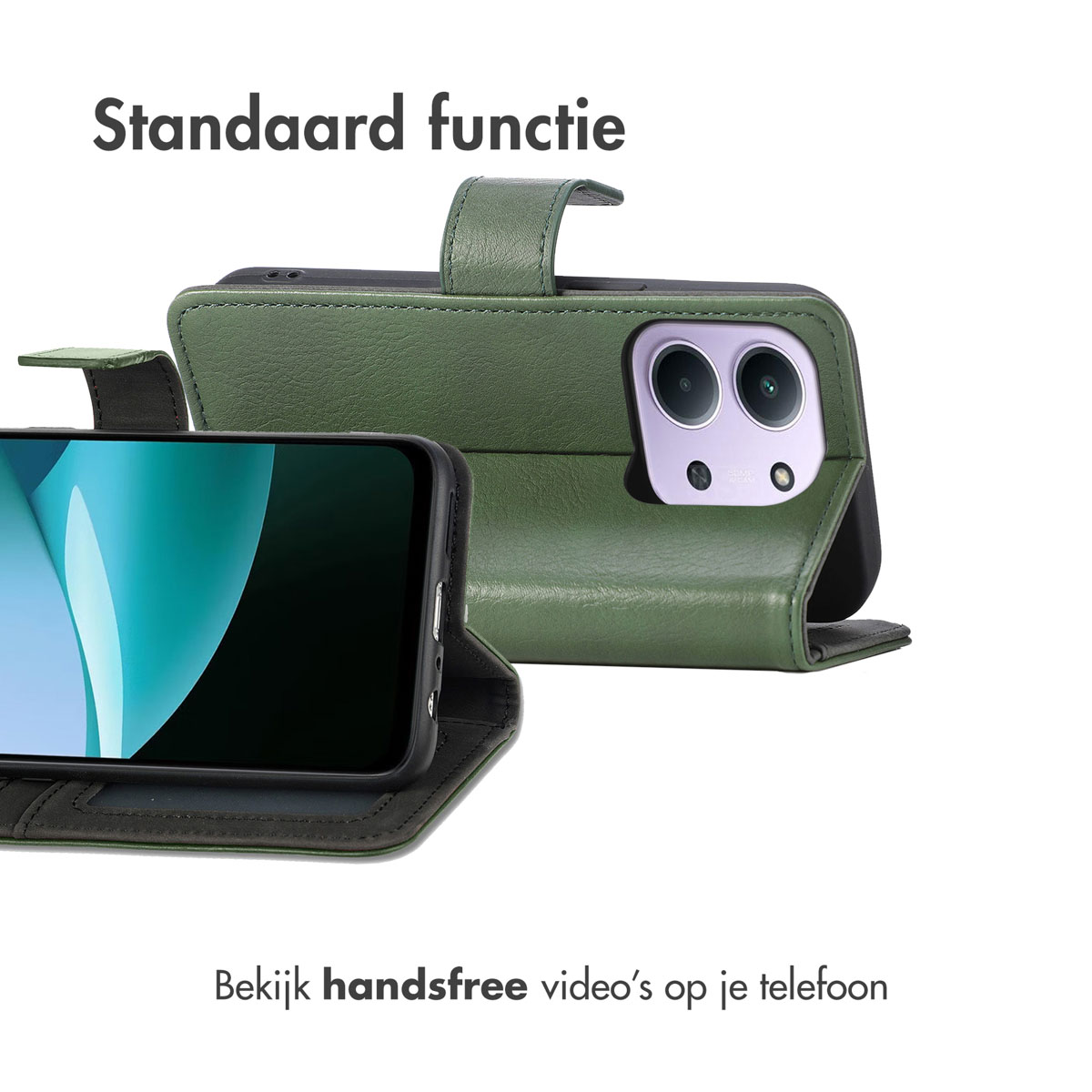 Étui de téléphone vert avec un téléphone à l'intérieur. Le texte en haut dit 'Standaard functie', et en bas 'Bekijk handsfree video's op je telefoon'.