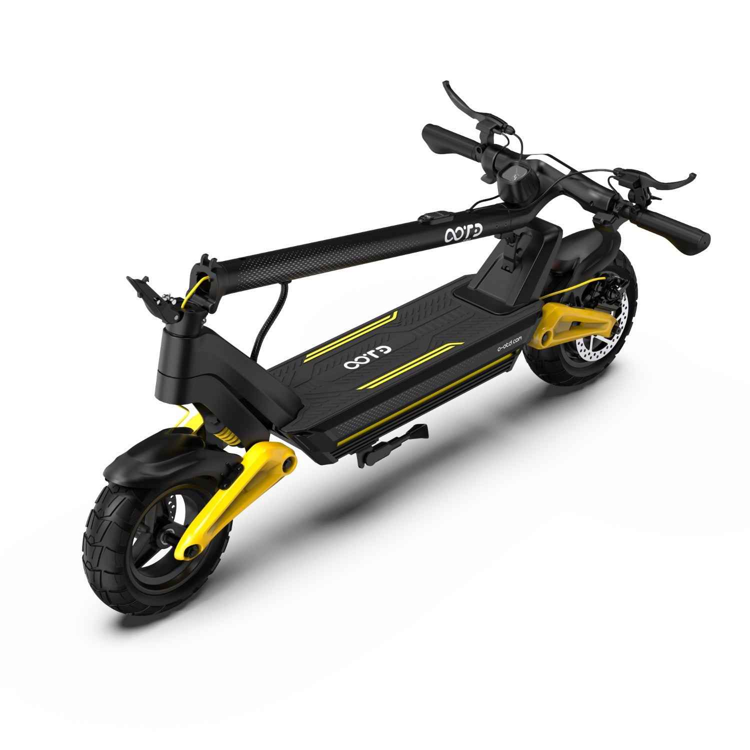 Scooter elettrico nero e giallo su sfondo bianco. Ha una pedana nera, sospensioni gialle e pneumatici neri.