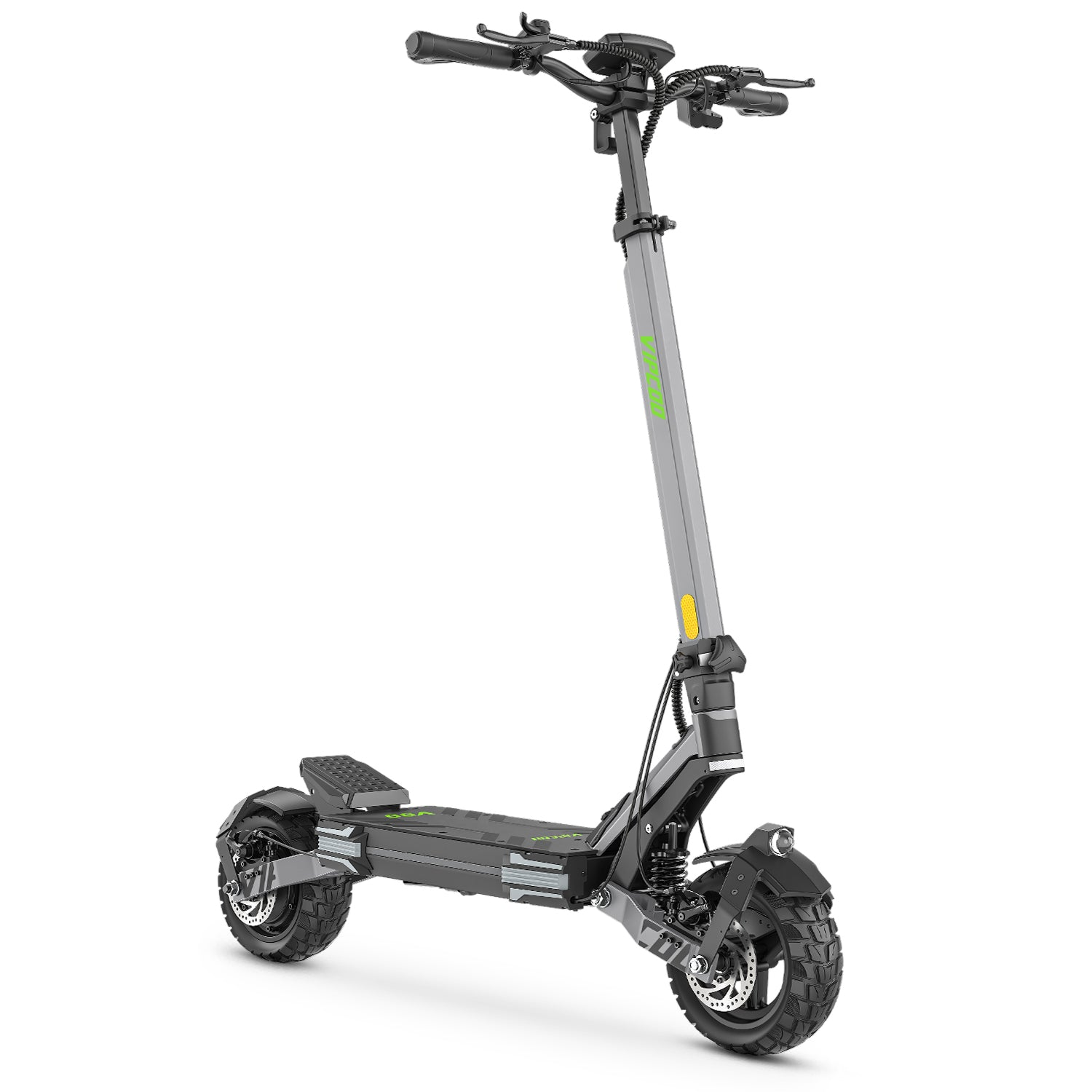 Un monopattino elettrico grigio e nero con dettagli verdi su sfondo bianco. Ha ruote grandi e un manubrio.