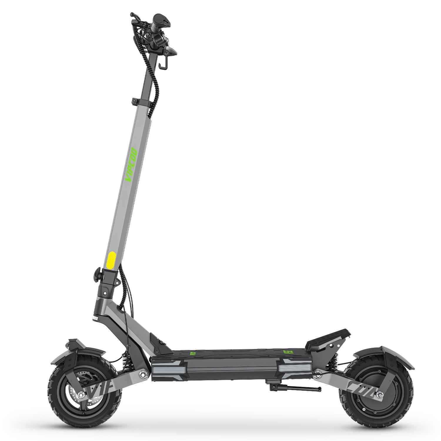 Un monopattino elettrico su sfondo bianco. È grigio e nero, con dettagli verdi. Ha due ruote e un manubrio.