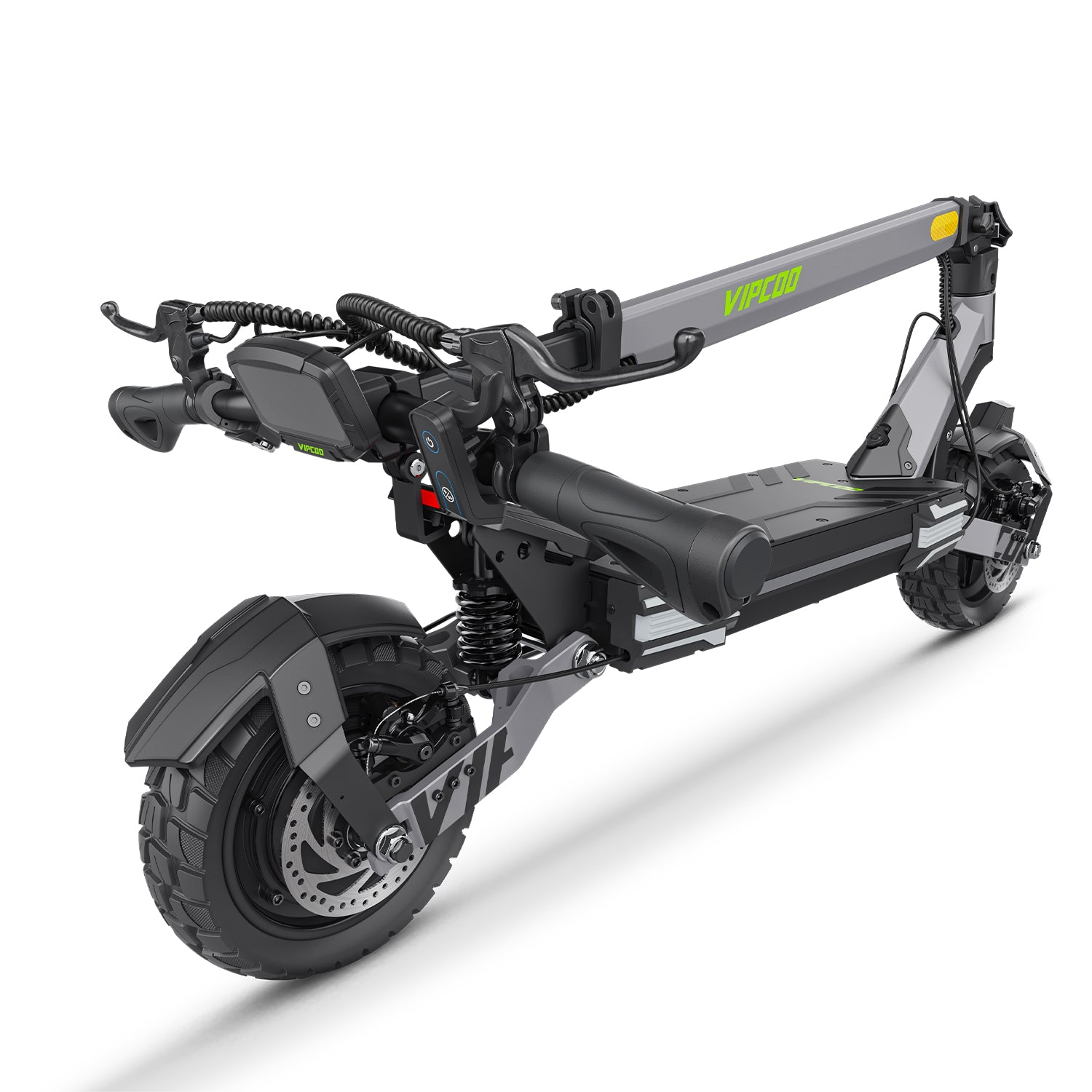 Un monopattino elettrico grigio con pneumatici neri, manubrio e display. Lo scooter è su sfondo bianco.