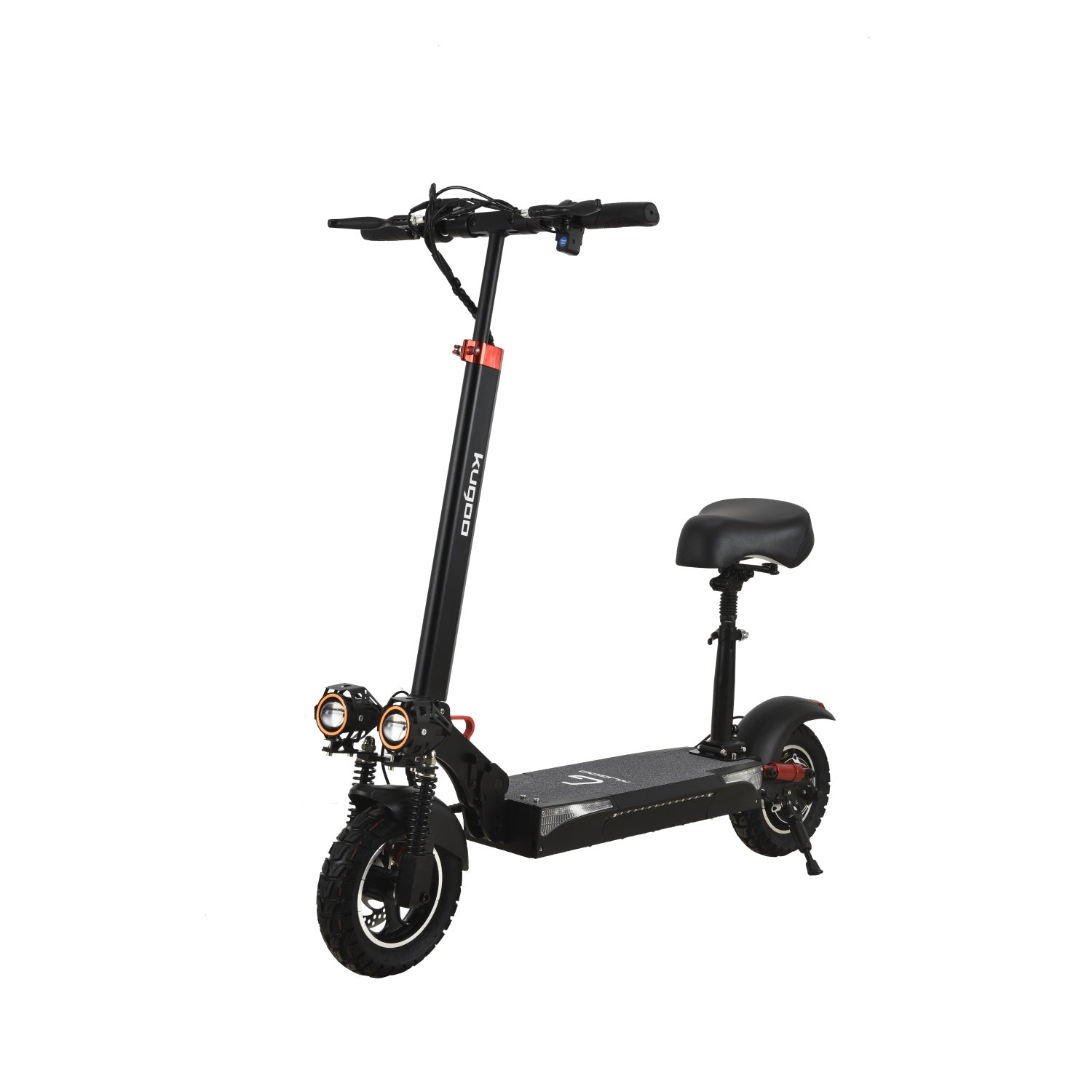 Scooter elettrico nero con sedile e fari. Ha un telaio nero, dettagli arancioni e un sedile. Lo sfondo è bianco.