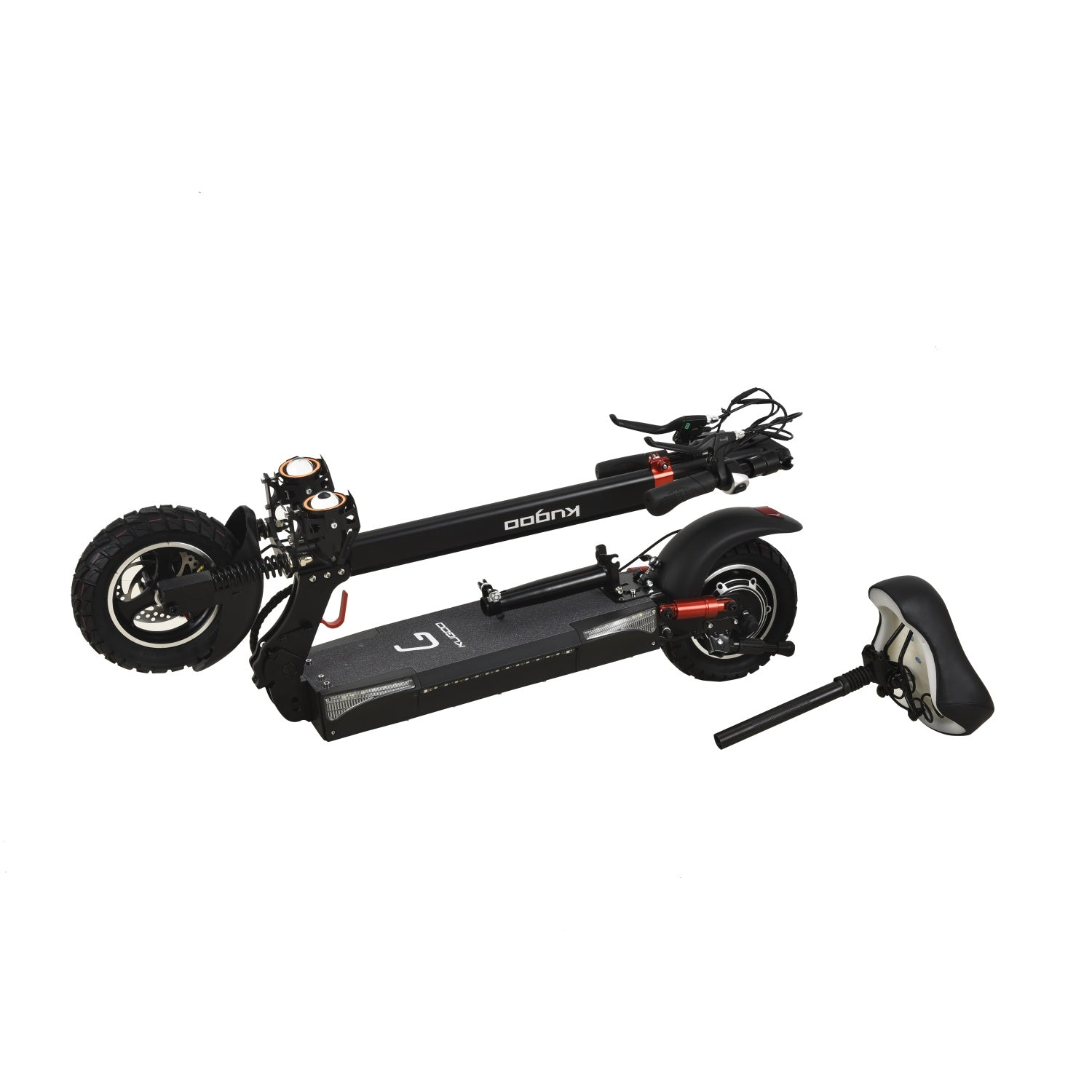 Scooter elettrico nero con sedile staccato. Lo scooter ha due ruote grandi e un design pieghevole, su sfondo bianco.