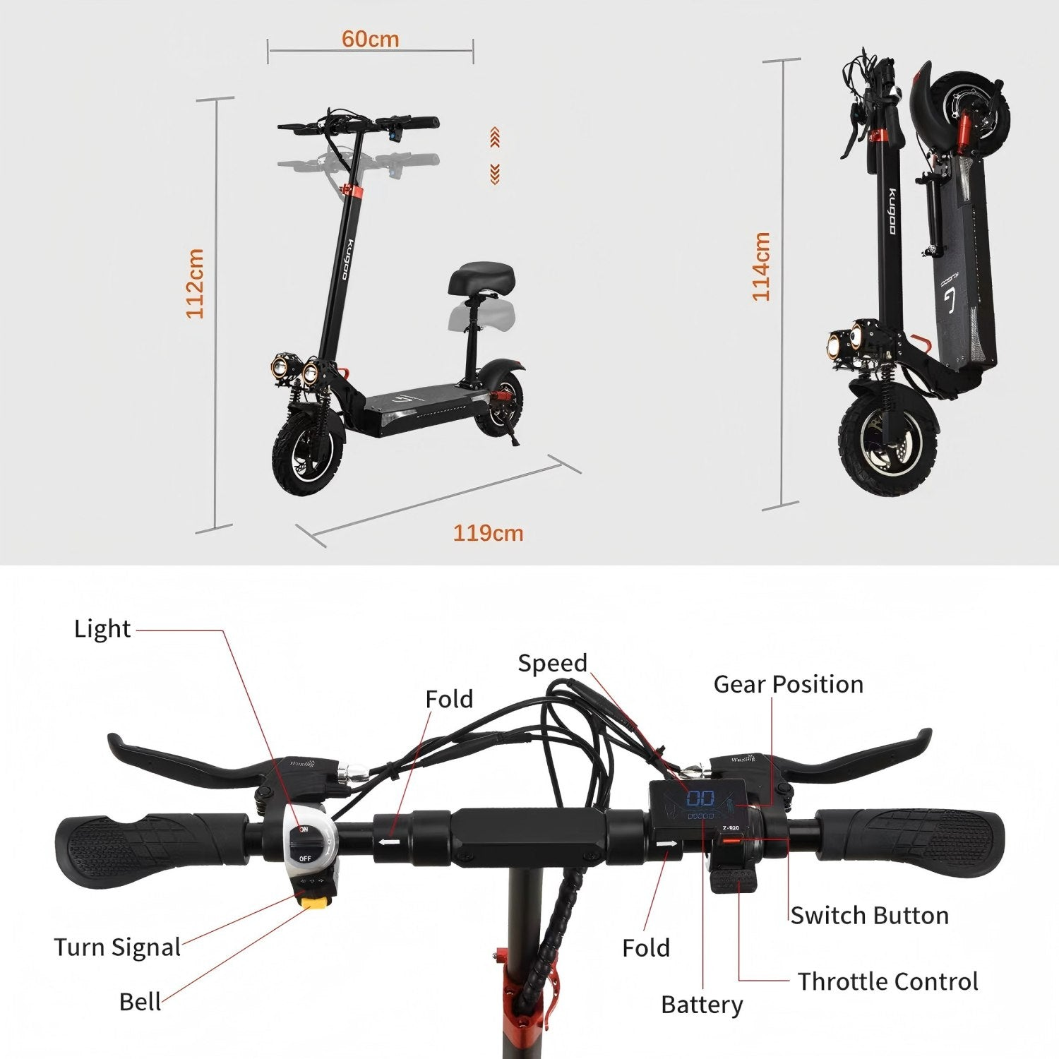 Un monopattino elettrico è mostrato in più viste, con etichette. Include luci, un sedile, dimensioni e dettagli del pannello di controllo.