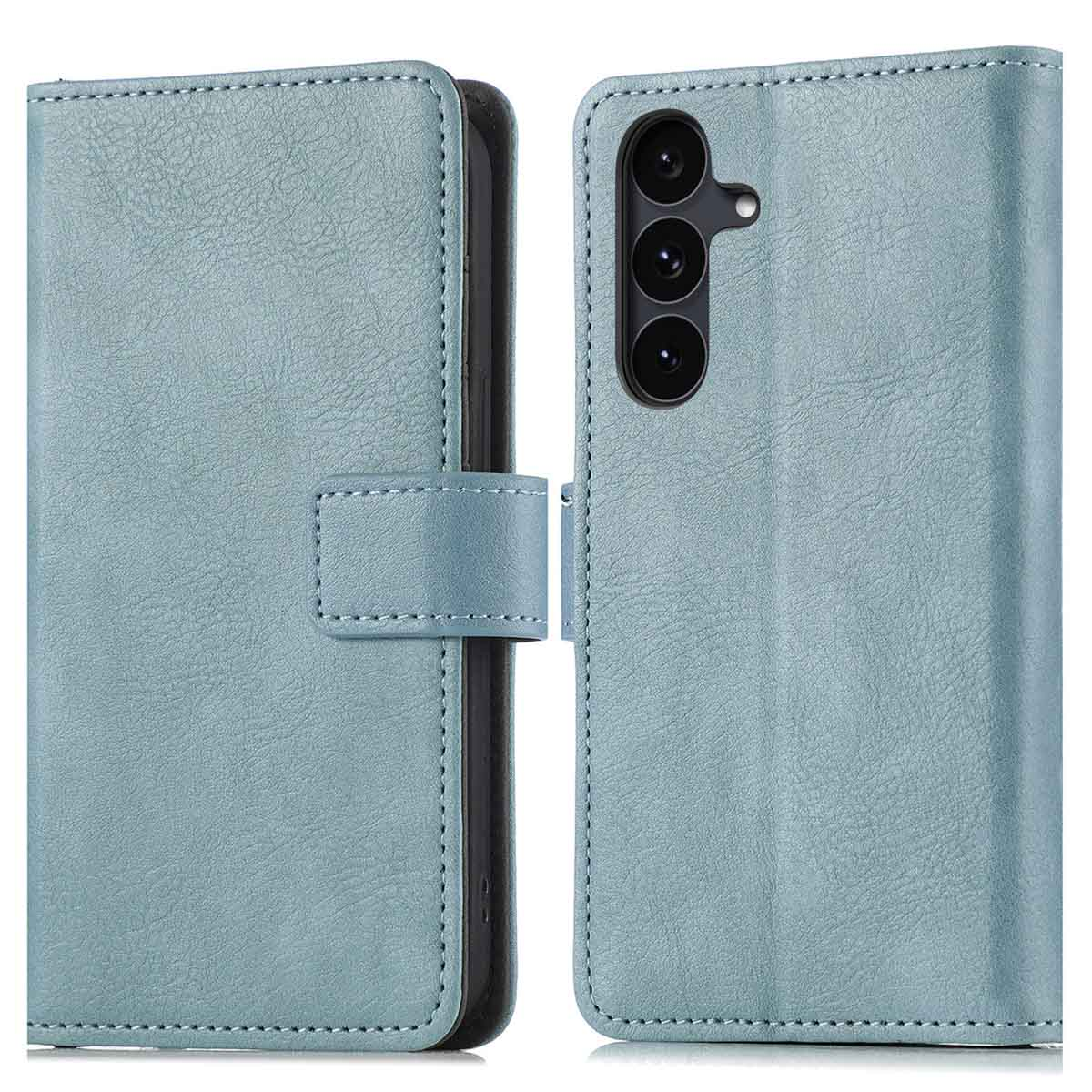 Un étui de téléphone en cuir bleu clair, ouvert et fermé. La partie fermée a une fermeture magnétique, la partie ouverte un module caméra.