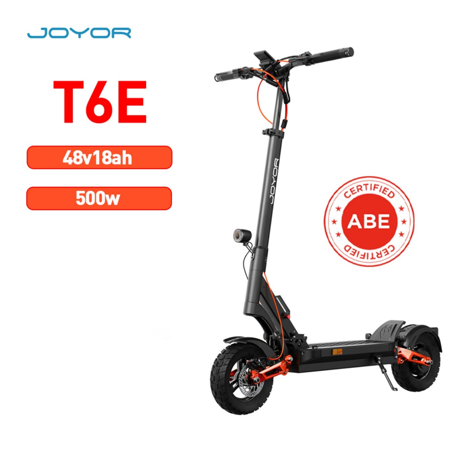 Un monopattino elettrico con il marchio JOYOR, modello T6E. Ha dettagli arancioni e un adesivo 'CERTIFIED ABE'. Informazioni: 48v18ah, 500w.