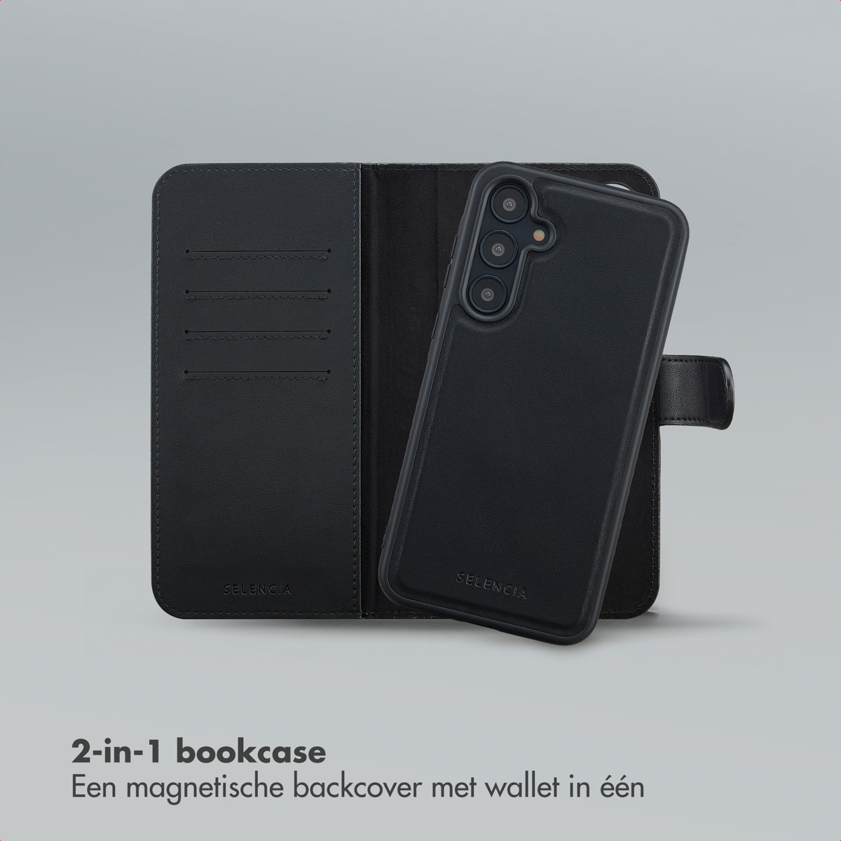 Una custodia nera per telefono con funzione portafoglio, aperta per mostrare un telefono e fessure per carte, su sfondo grigio chiaro.