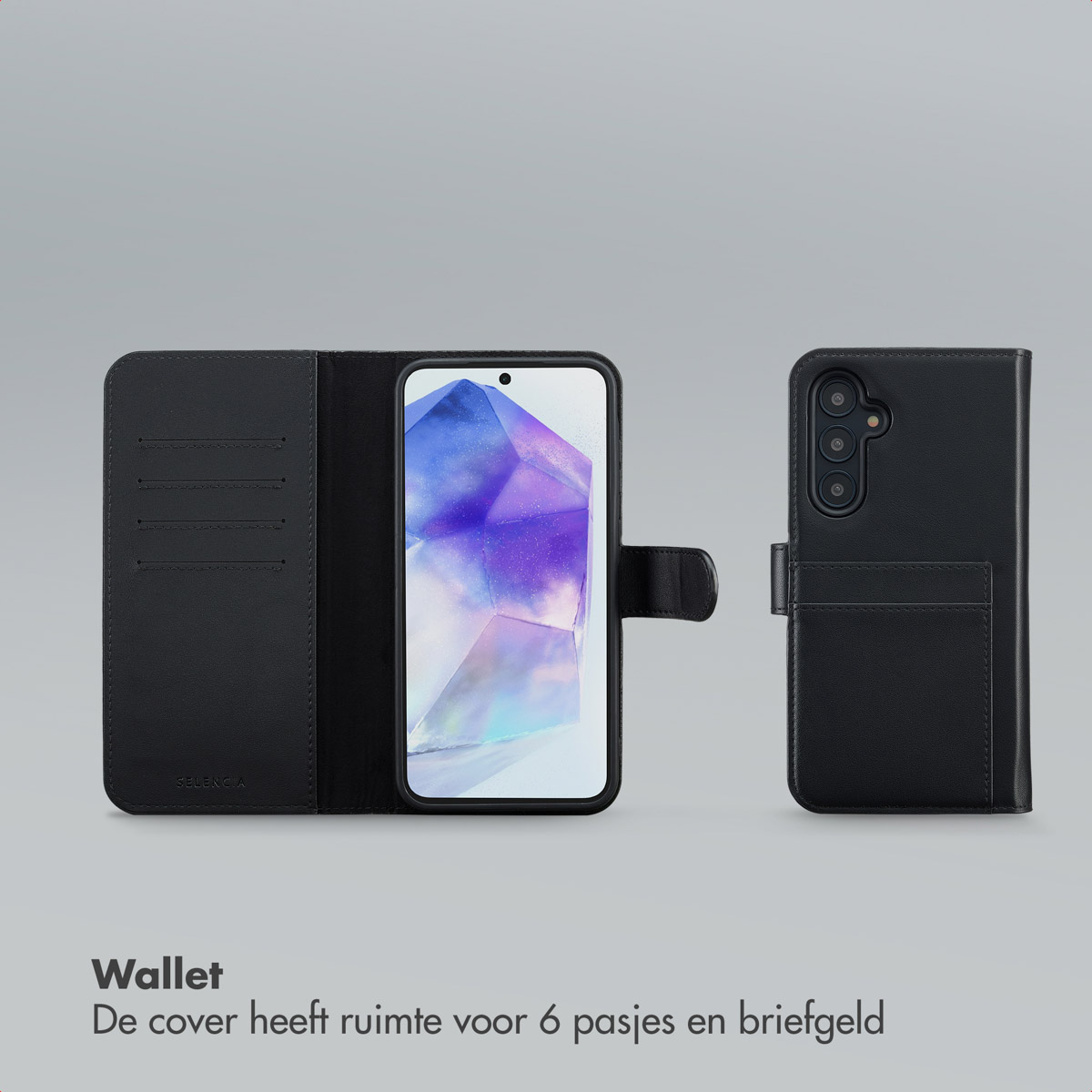 Custodia a portafoglio nera aperta, che mostra il telefono. La custodia può contenere 6 carte. Lo sfondo è grigio chiaro.