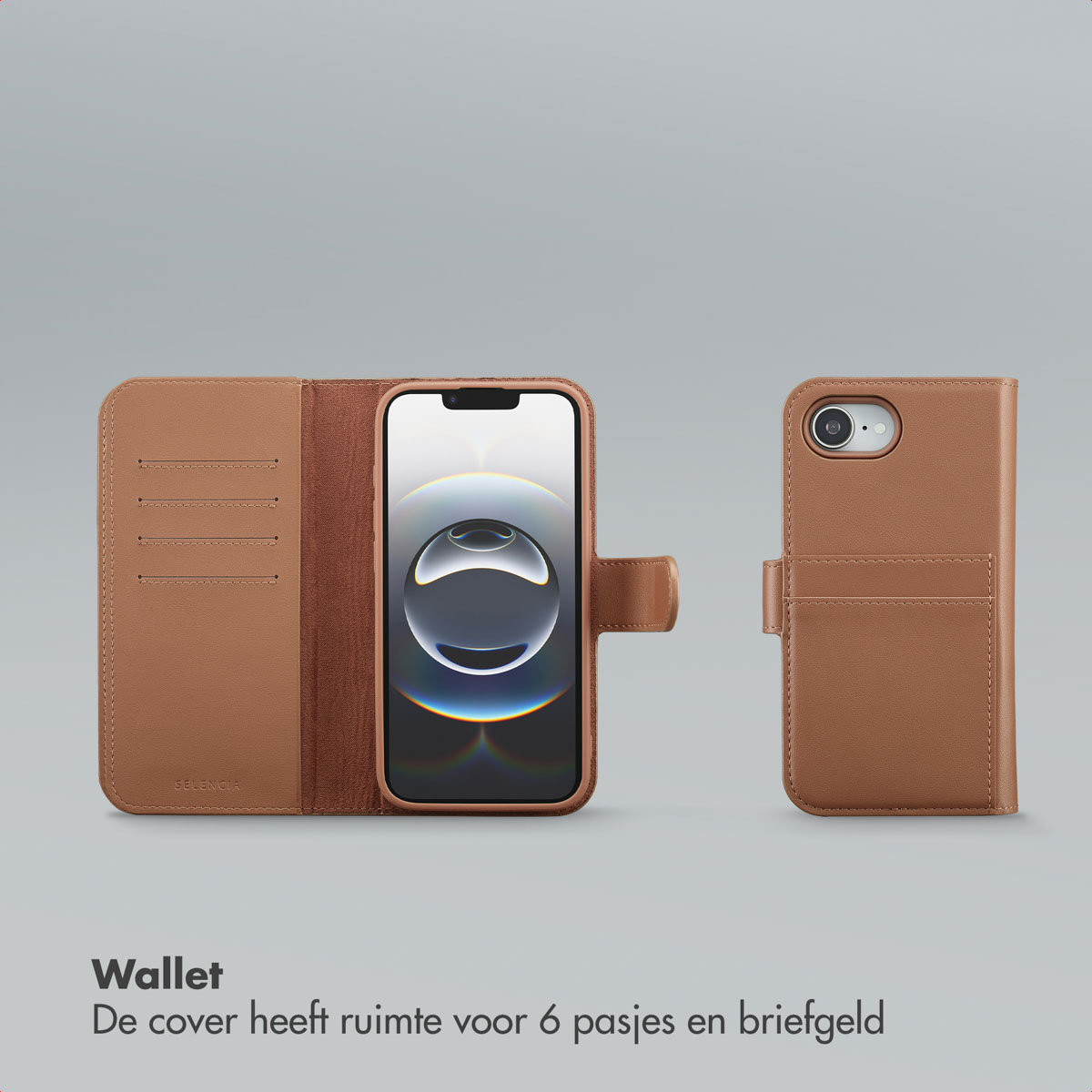 Een bruinleren portemonneehoesje voor een smartphone. Eén deel open met de telefoon, de andere met kaartsleuven.