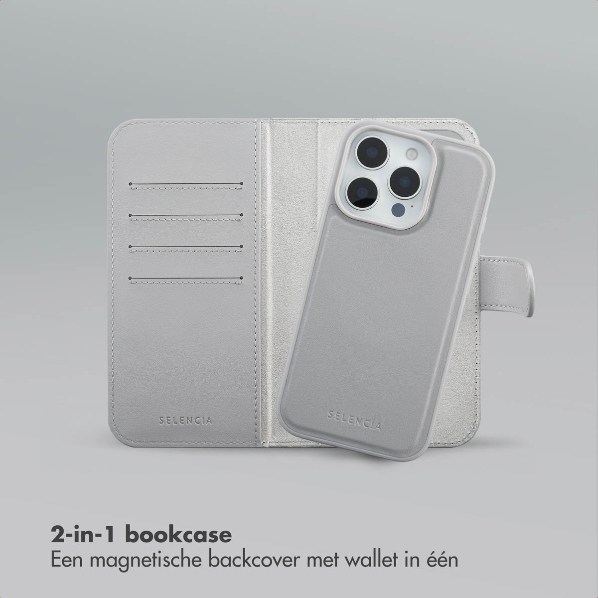 Grijze telefoonhoes met portemonnee-functie. Open, met kaartsleuven. Telefoon rechts. Merk SELENCIA zichtbaar.