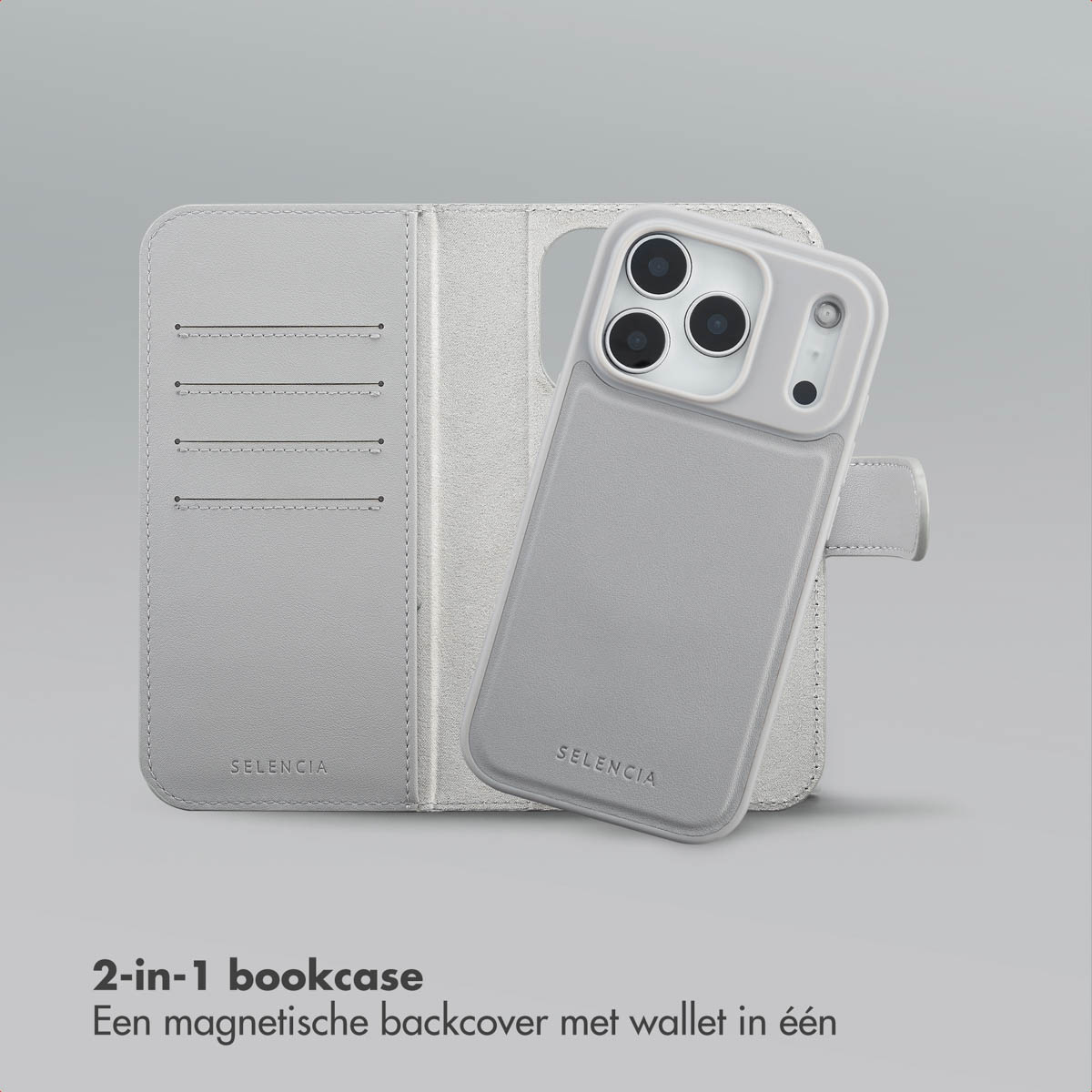 Un étui de téléphone gris, ouvert, avec un téléphone à l'intérieur. L'étui est de style livre, avec des fentes pour cartes. Le fond est gris clair.