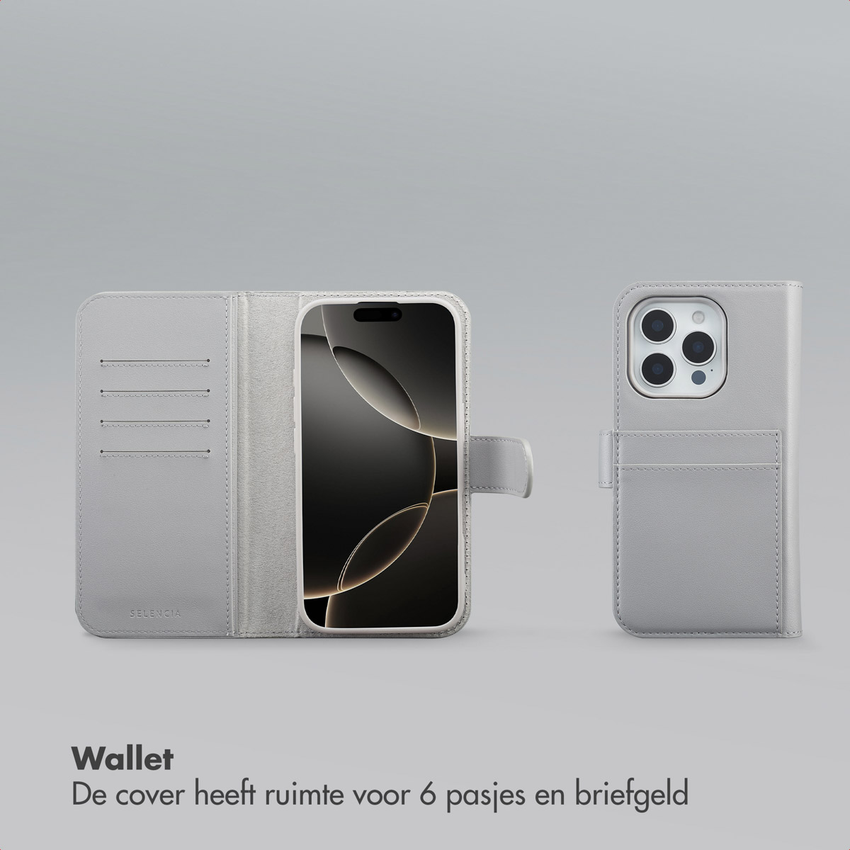 Een lichtgrijze portemonnee telefoonhoes, open en dicht, met een telefoon erin. De hoes heeft kaartsleuven en een magnetische sluiting.