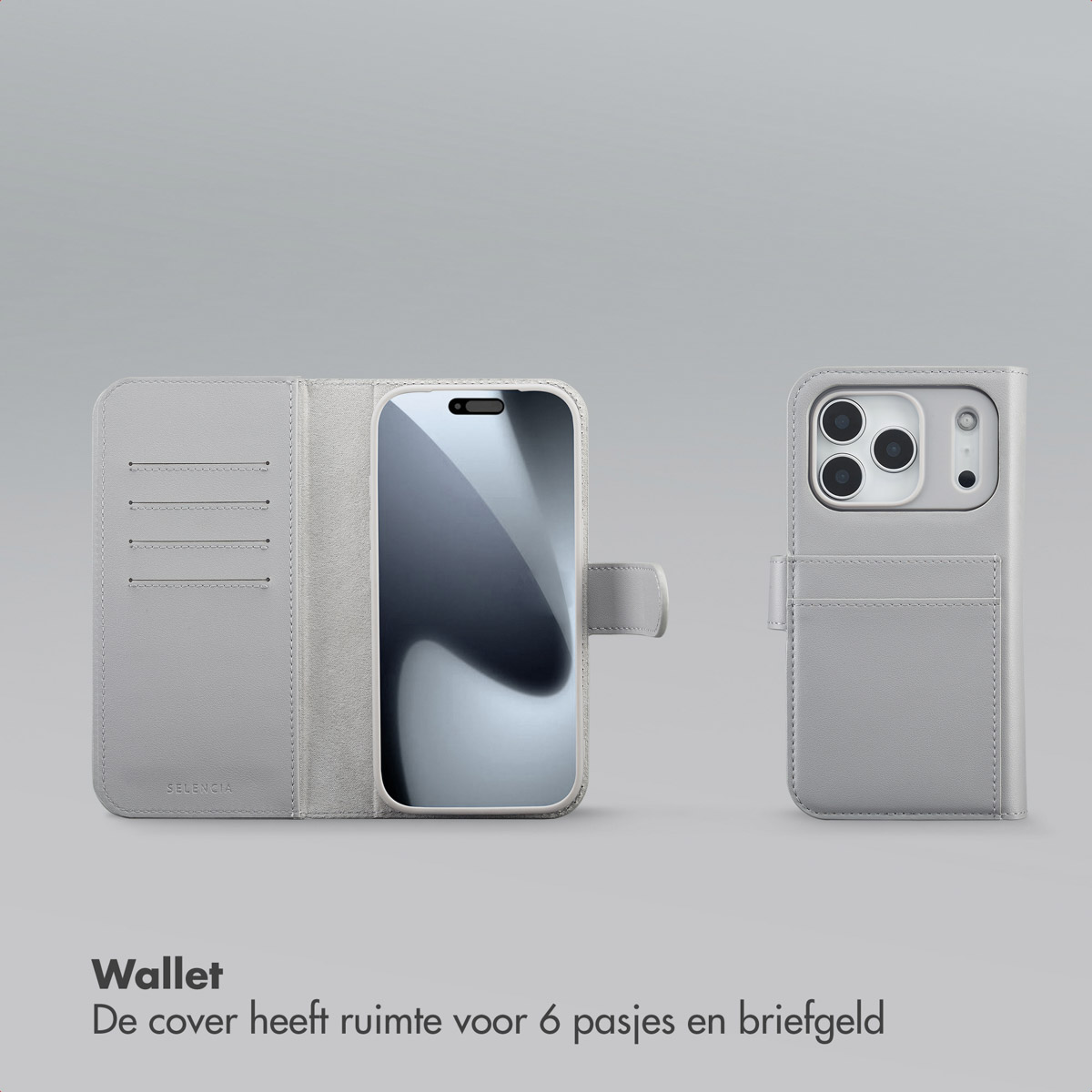 Un étui portefeuille de téléphone gris clair, ouvert et fermé, avec un téléphone à l'intérieur. L'étui ouvert montre des fentes pour cartes. L'étui fermé a une fente.