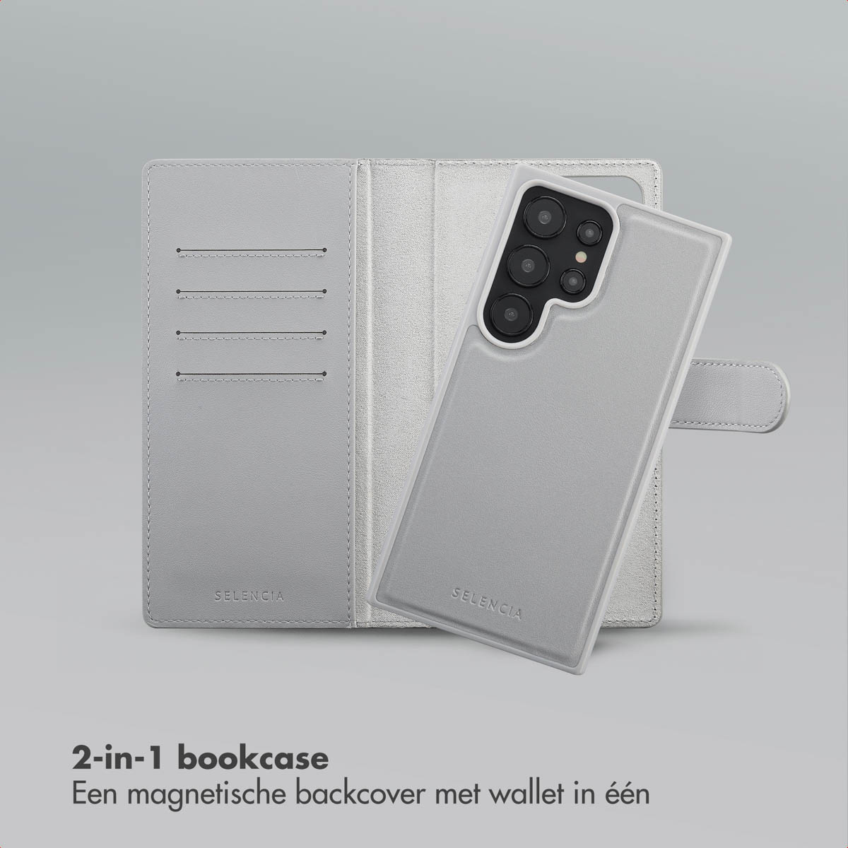 Un étui livre 2-en-1 gris clair avec un téléphone à l'intérieur. L'étui est ouvert, montrant des fentes pour cartes et la coque du téléphone. SELENCIA.