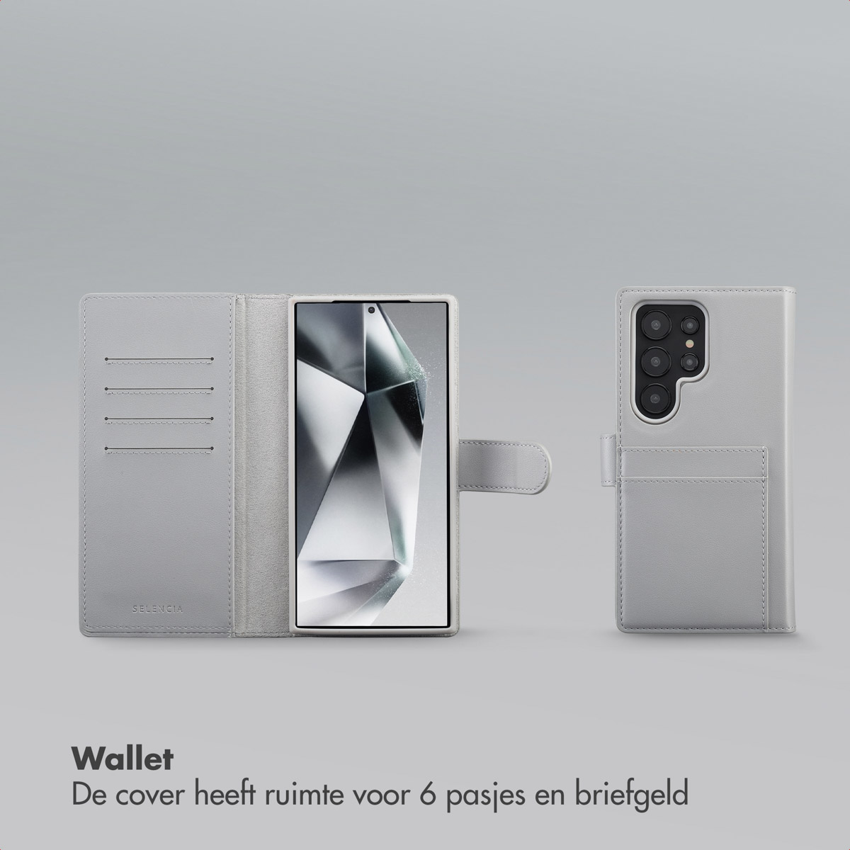 Un étui de téléphone gris clair avec un téléphone à l'intérieur. L'étui a des fentes pour cartes et une fermeture magnétique. Le téléphone affiche un design géométrique.