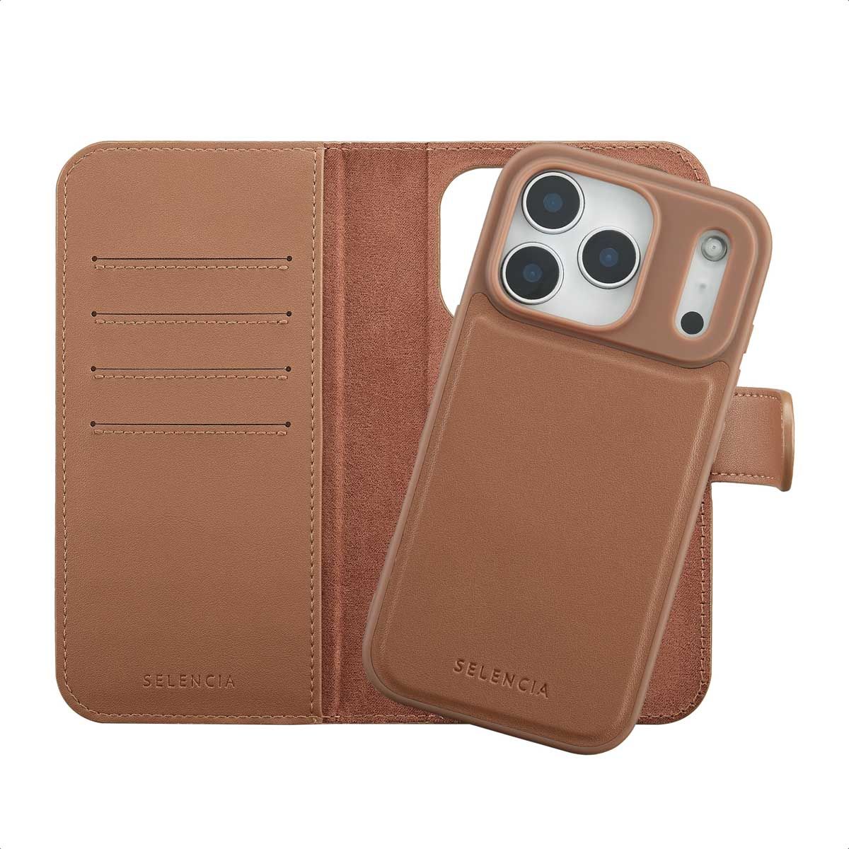 Un étui de téléphone en cuir marron avec un design de portefeuille ouvert. Le téléphone est dans l'étui et la section du portefeuille comporte des fentes pour cartes. "Selencia" est écrit.
