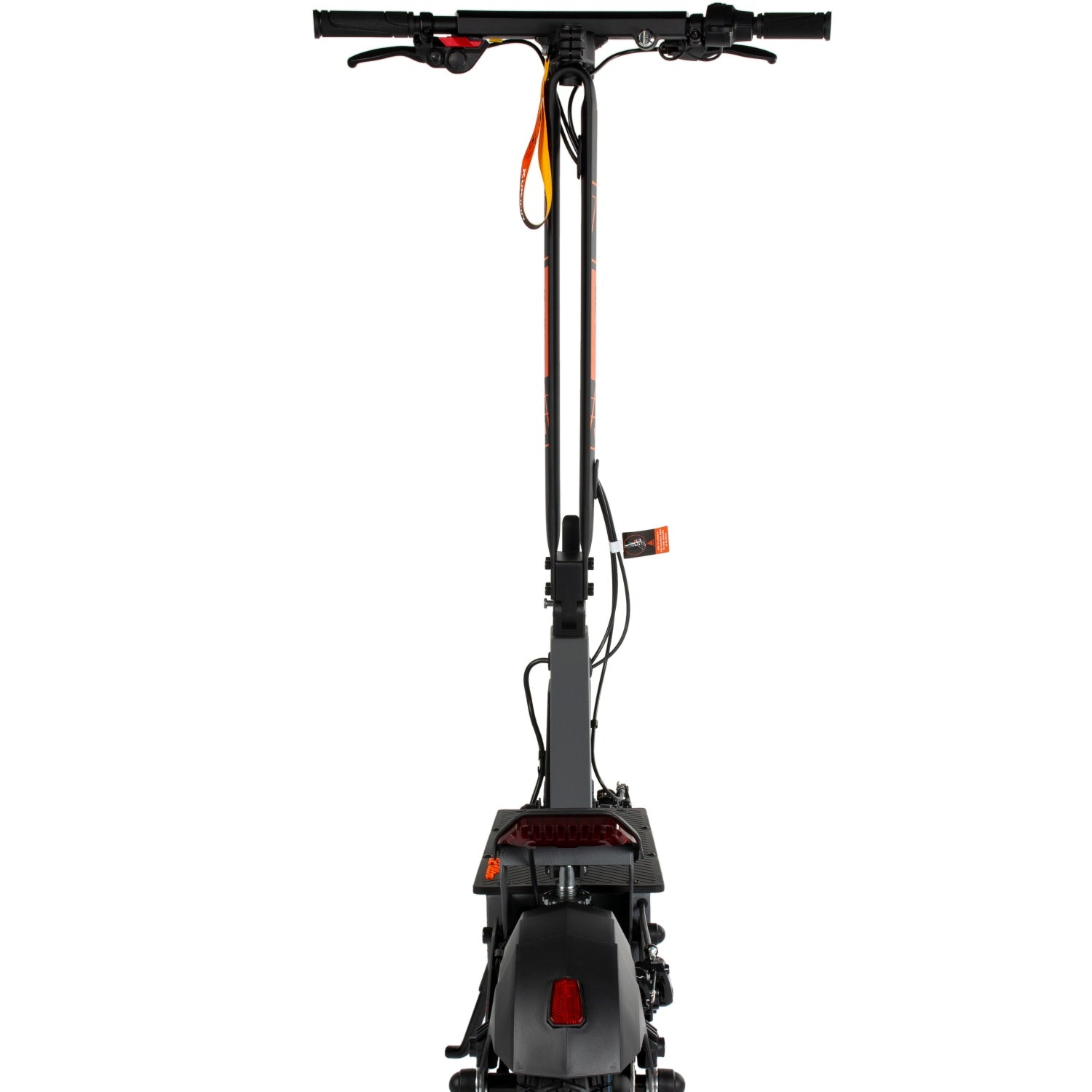 Scooter elettrico nero con accenti arancioni. Sono visibili manubrio, stelo alto e parafango posteriore con luce rossa.