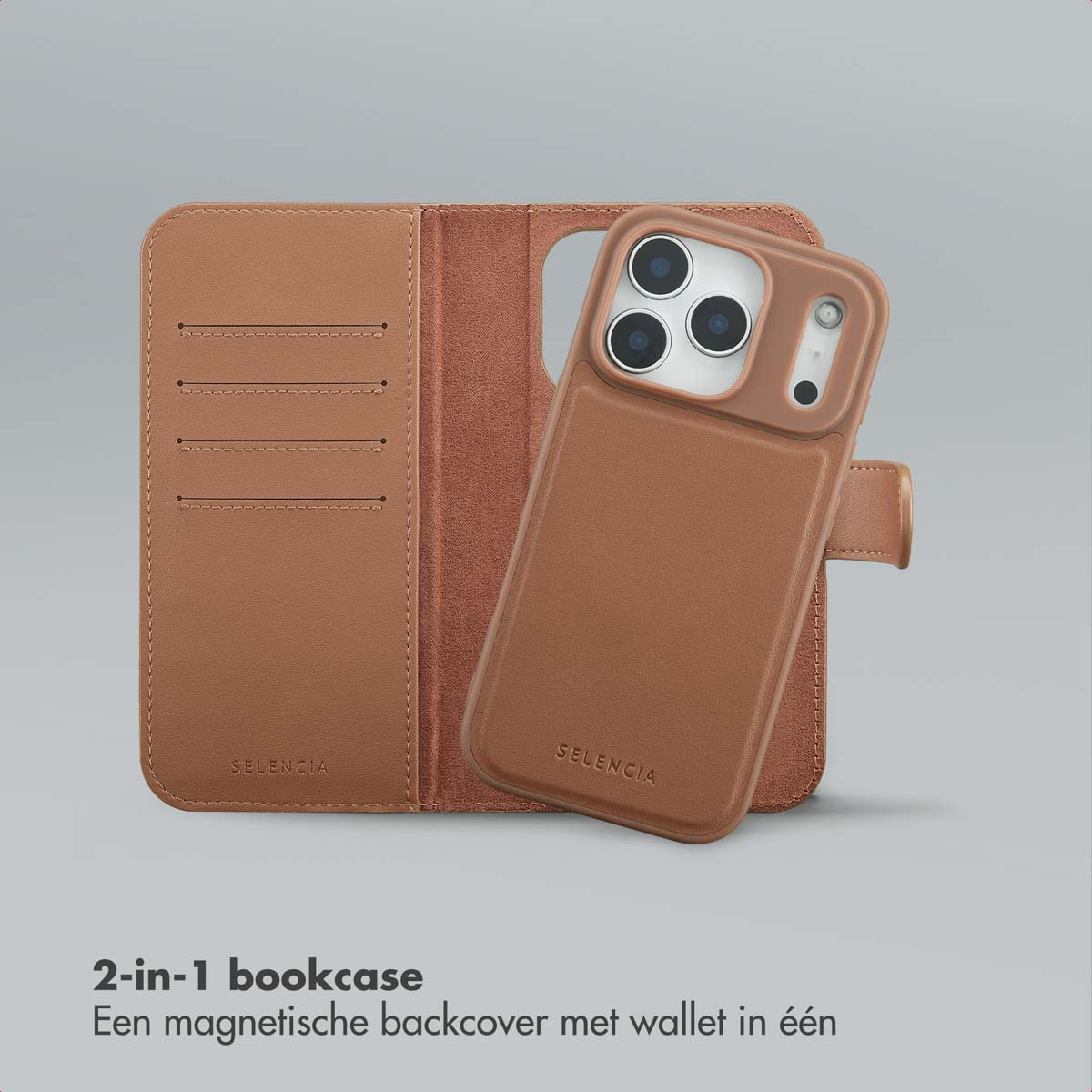 Un étui de téléphone en cuir marron avec des fentes pour cartes et un support de téléphone amovible sur fond neutre.