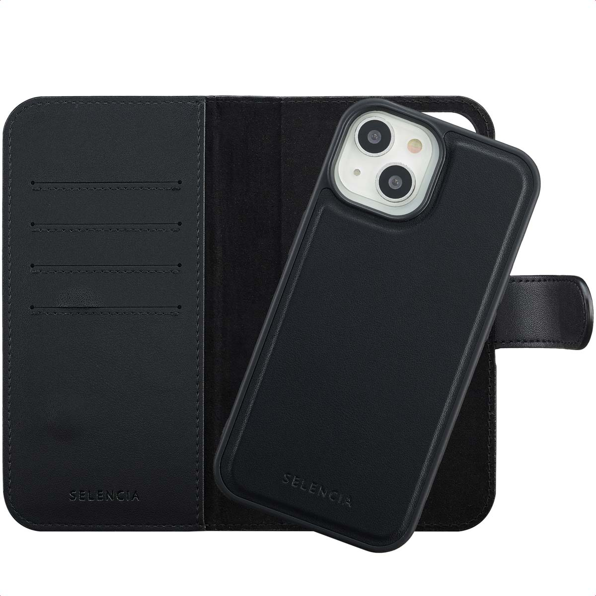 Étui de téléphone noir avec un design portefeuille. Comprend un téléphone, des fentes pour cartes et un fermoir magnétique.