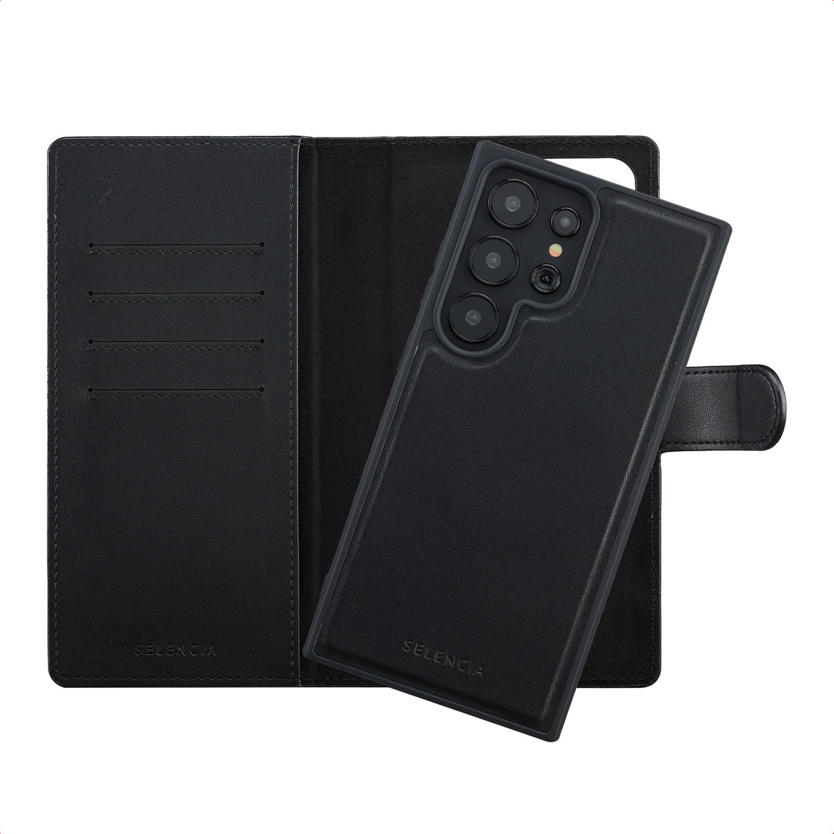 Étui de téléphone noir avec portefeuille. L'étui a une caméra et le portefeuille des fentes pour cartes. La marque est 'Selencia'.