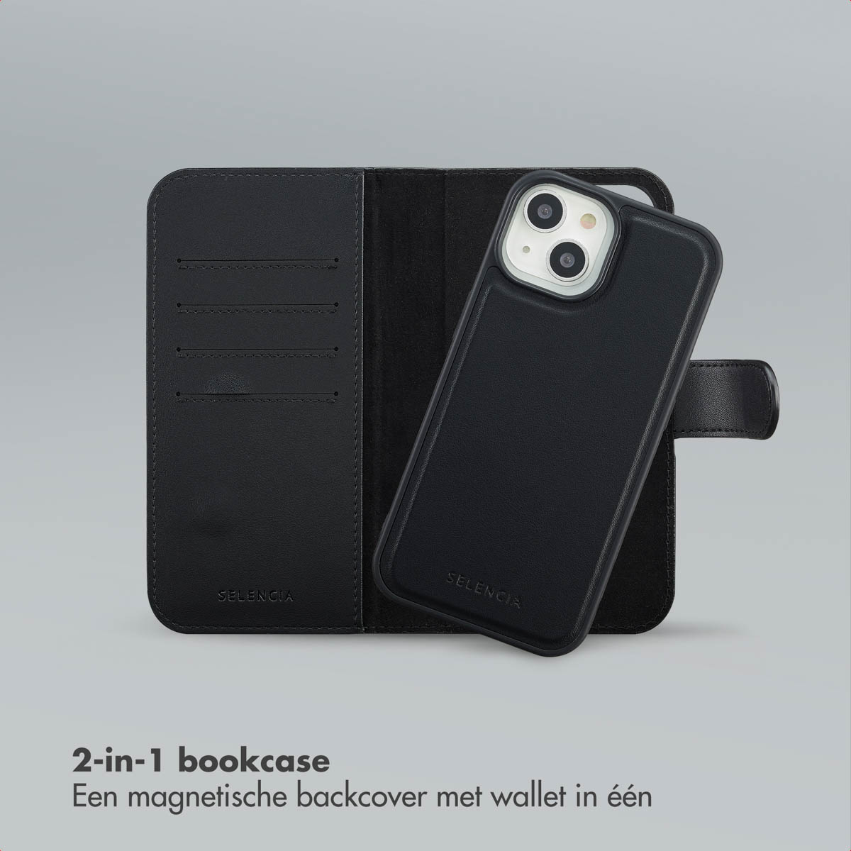 Étui de téléphone noir avec portefeuille, ouvert pour afficher les fentes pour cartes. Le téléphone est visible. La marque est Selencia.