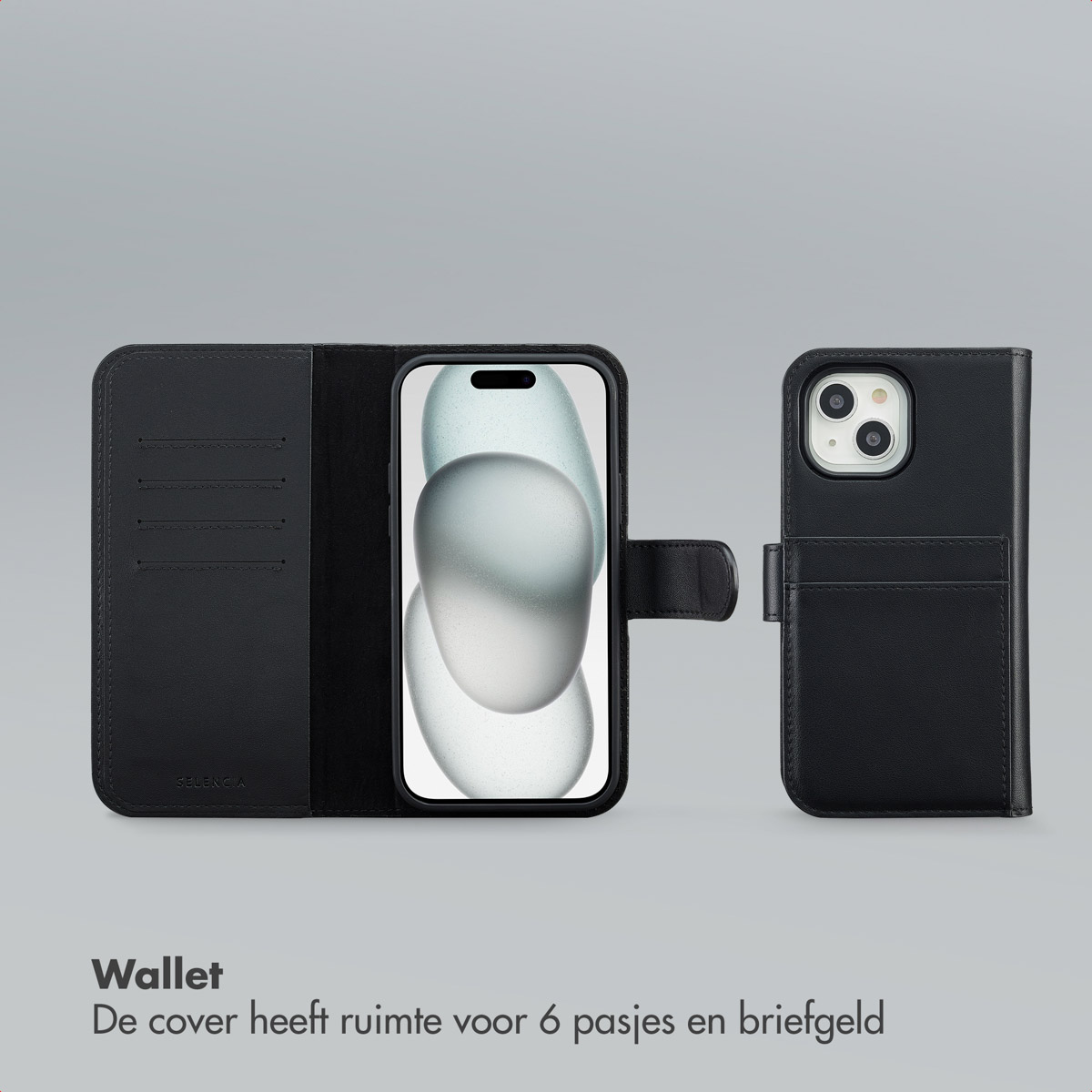 Étui de téléphone portefeuille noir avec un téléphone à l'intérieur, montrant l'avant et l'arrière, avec le texte portefeuille en bas.