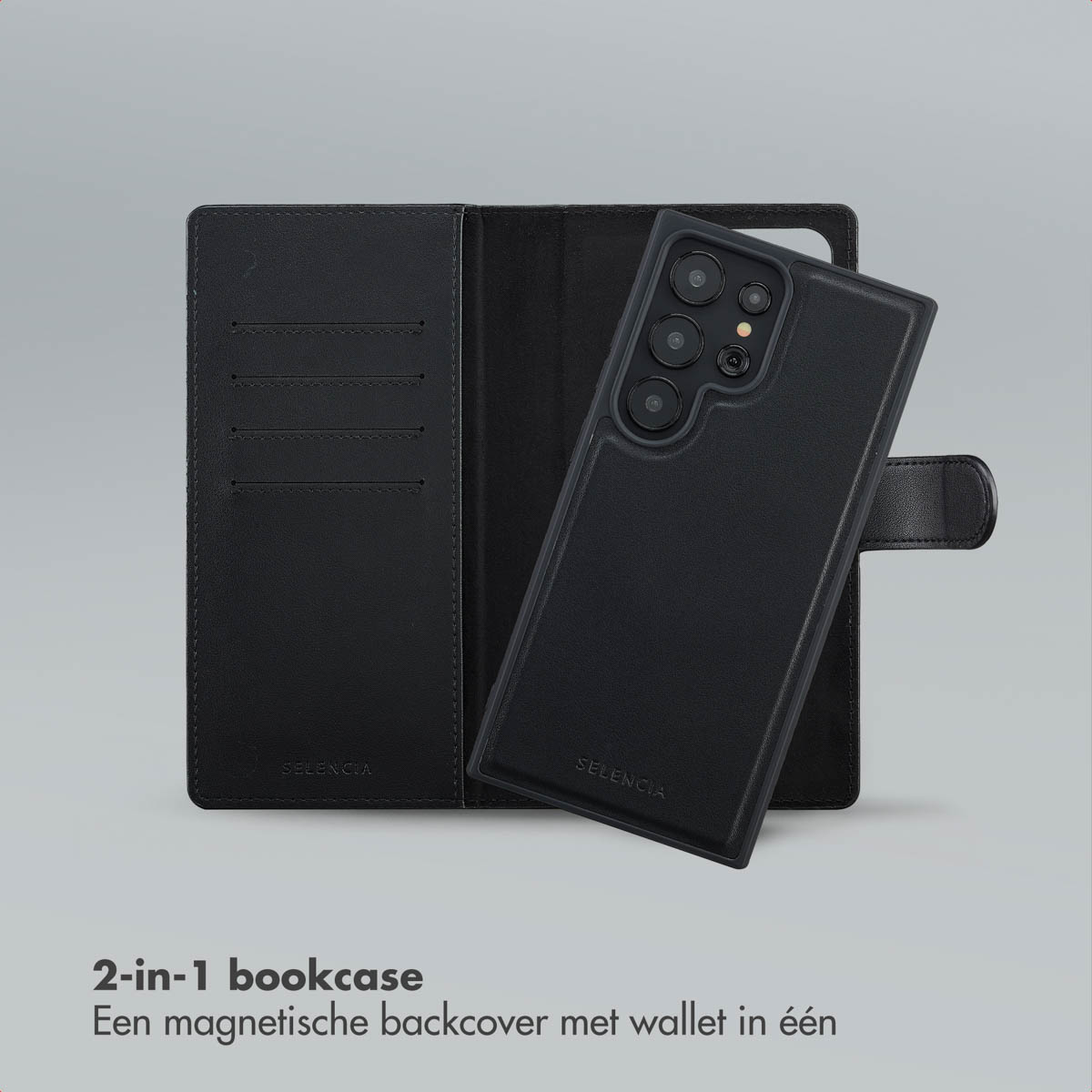 Une coque de téléphone noire avec un portefeuille ouvert. La coque a plusieurs caméras. Le portefeuille a des fentes pour cartes et une fermeture magnétique.