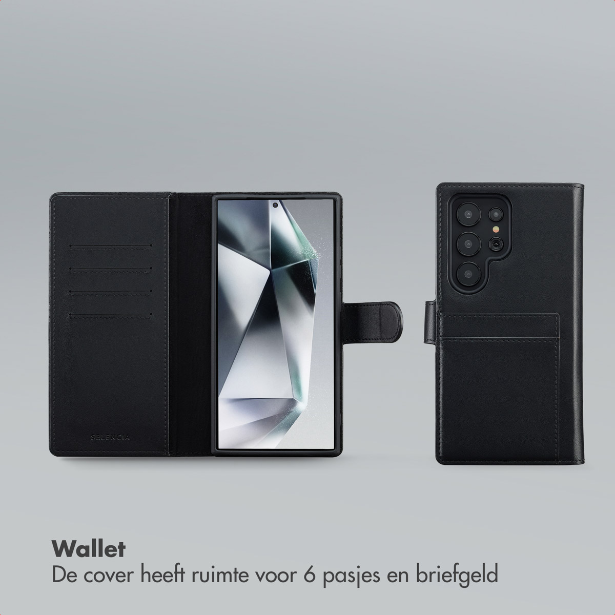 Portefeuille de téléphone noir avec un téléphone à l'intérieur et un autre portefeuille de téléphone. Le portefeuille a de la place pour six cartes et un portefeuille.