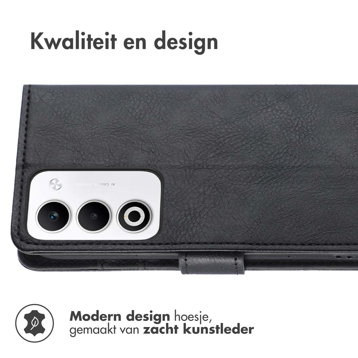 Custodia nera per telefono con tre obiettivi. Il testo dice 'Kwaliteit en design' e 'Modern design hoesje, gemaakt van zacht kunstleder'.
