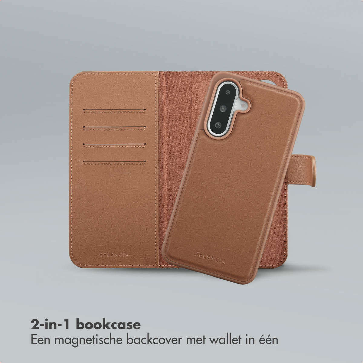 Een bruine telefoonhoes met portemonneefunctie wordt open weergegeven. Het heeft kaartsleuven en een magnetische achterkant. Het merk is Selencia.