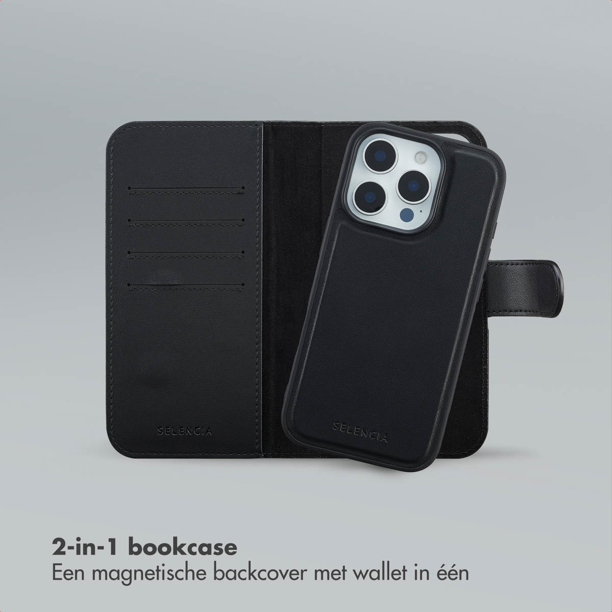 Un étui de téléphone noir avec portefeuille est ouvert. Le téléphone est inséré. La marque SELENCIA est visible sur les deux parties.