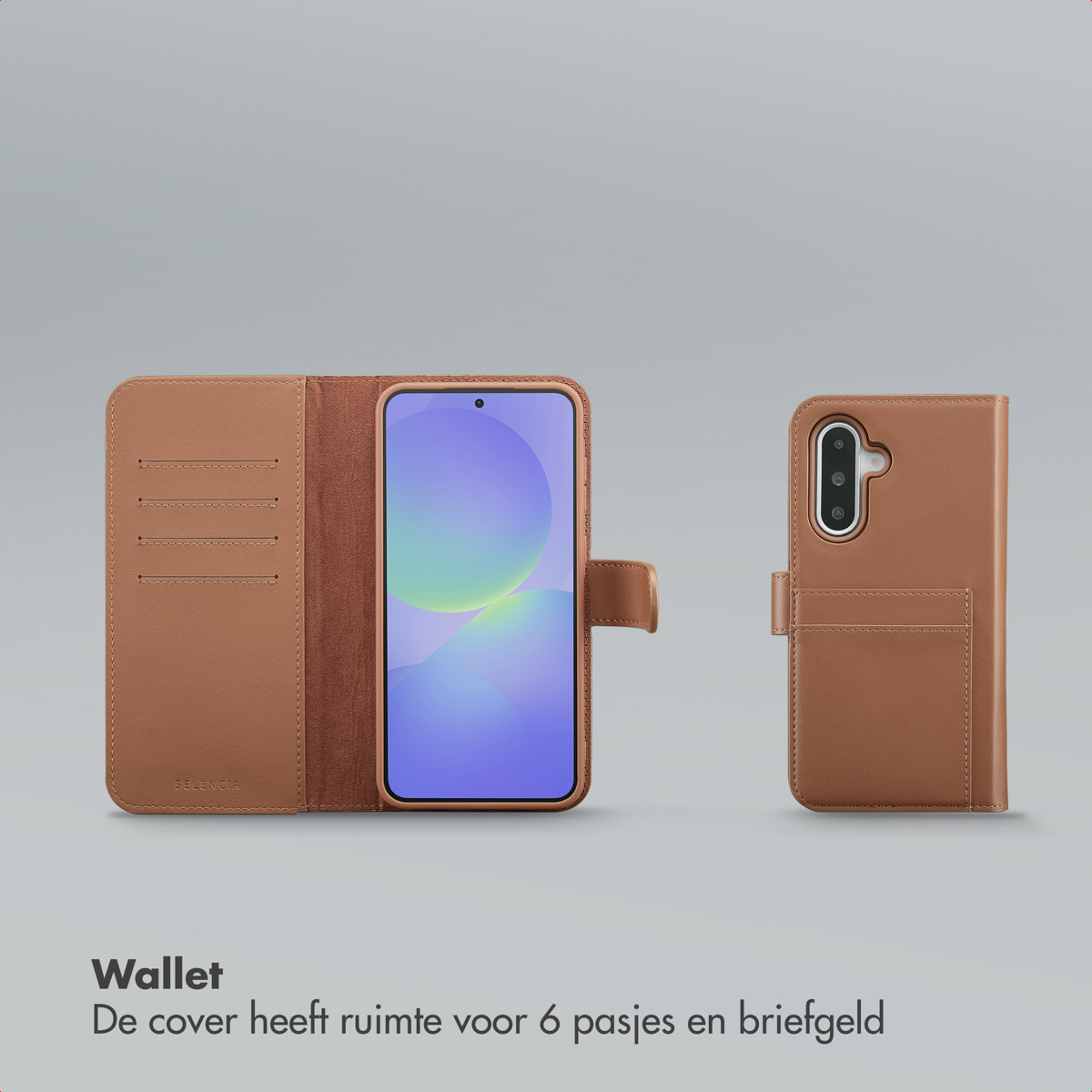 Een bruine leren telefoonportemonnee met een telefoon erin, en een tweede portemonnee. De portemonnee heeft kaartsleuven en een sluiting.