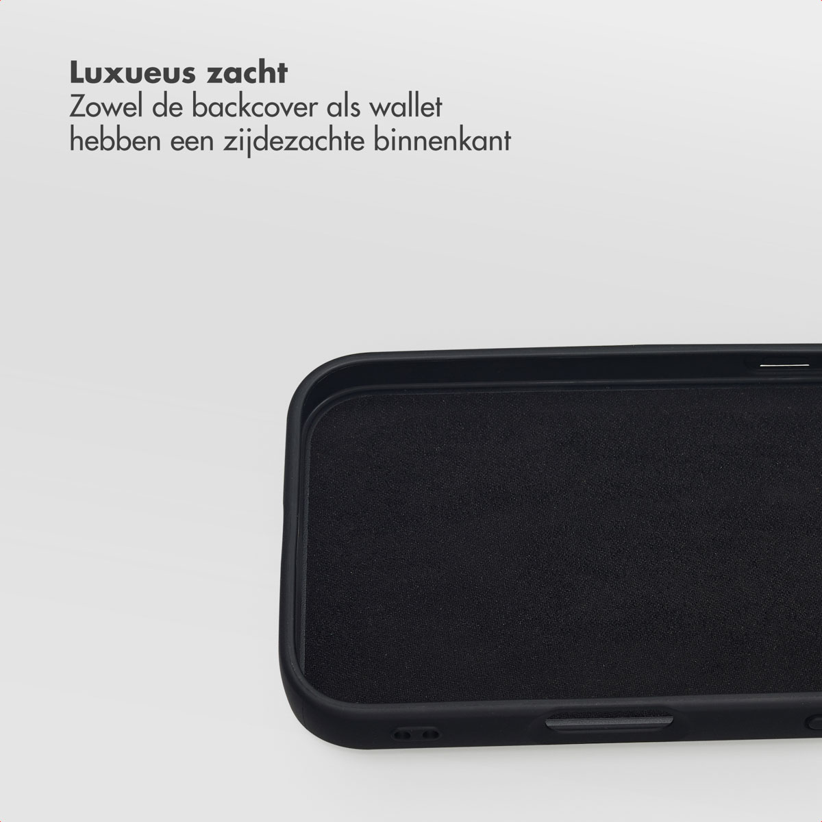 Gros plan sur une coque de téléphone noire avec un intérieur doux. L'étui est sur une surface blanche. Texte au-dessus.