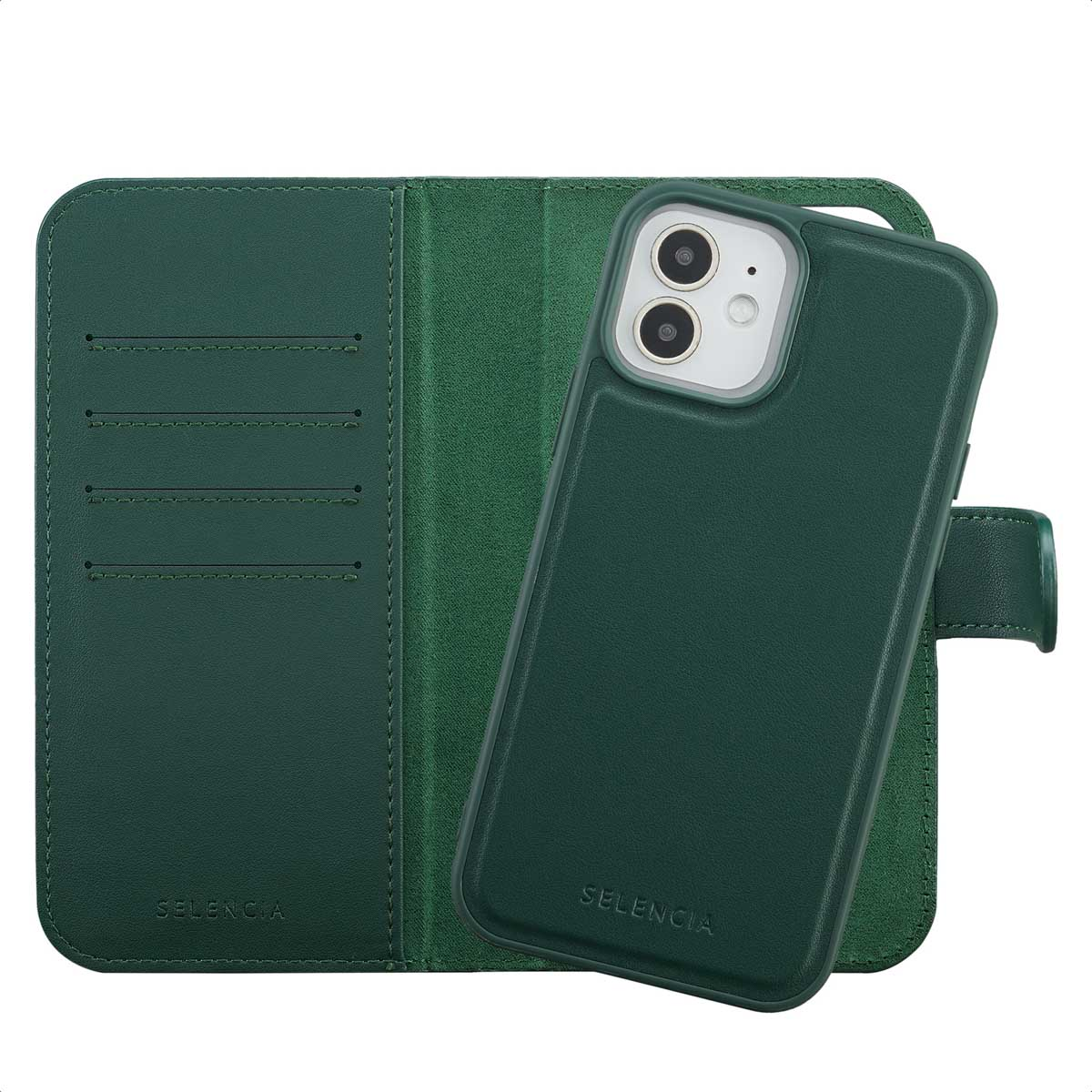 Een donkergroene telefoonhoes en portemonnee zijn open. De telefoon zit in de hoes. Beide items hebben het merk Selencia.