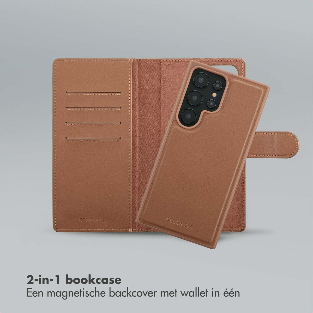 Een bruine telefoonhoes, open om binnenzakken te laten zien. Een telefoon zit in de hoes, de hoes staat op een grijze achtergrond.