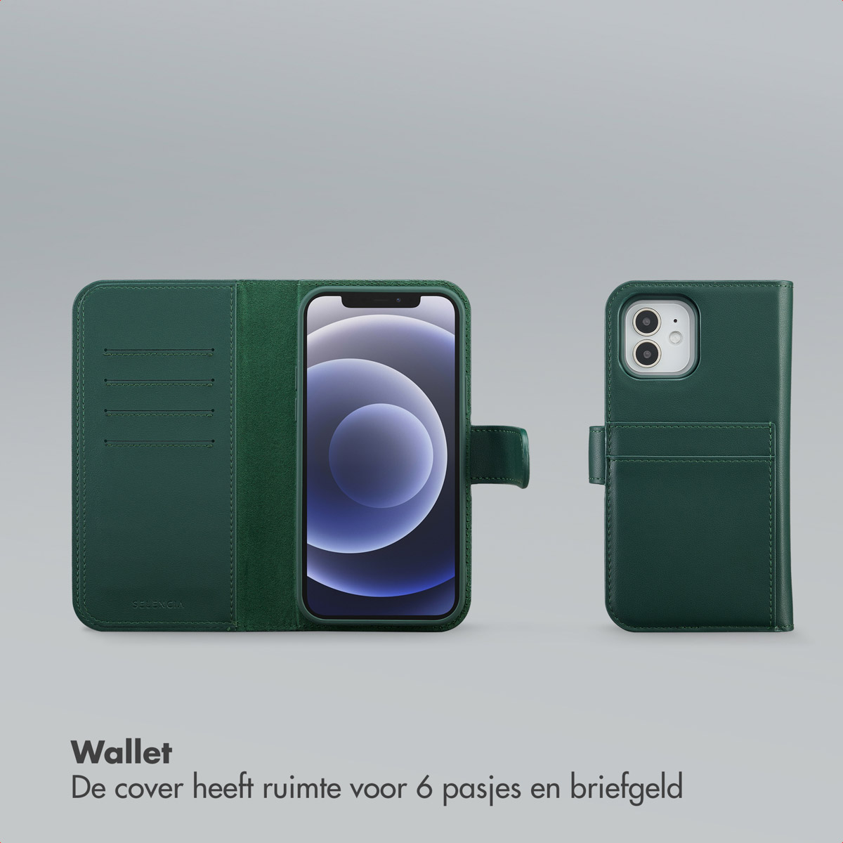 Groene telefoonportemonneehoes, open en dicht, met telefoon erin. Tekst onderaan: Portemonnee, hoes heeft ruimte voor 6 kaarten en portemonnee.