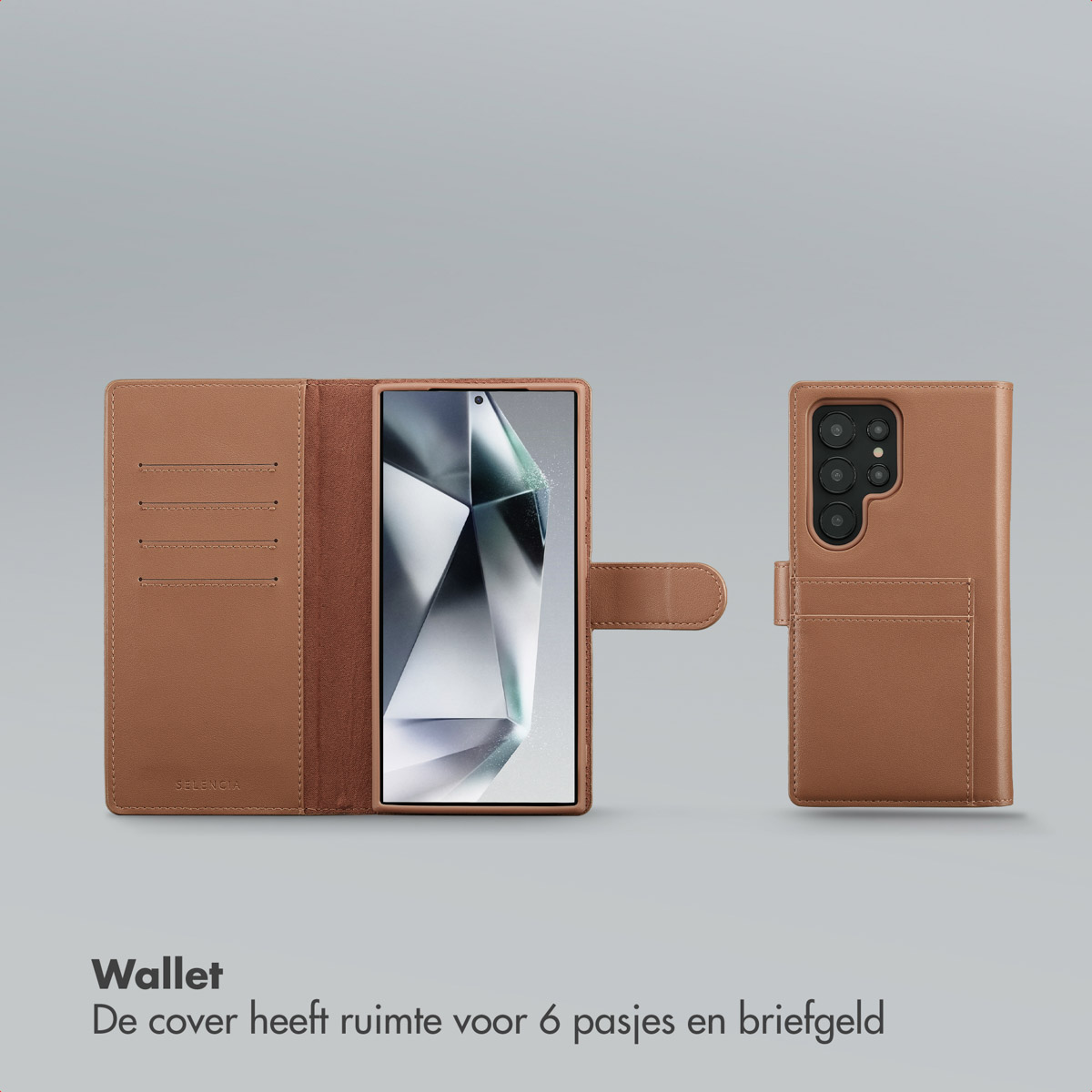 Een bruine leren telefoonhoes, open om de telefoon met een geometrisch ontwerp te tonen, en gesloten, waardoor de cameramodule zichtbaar wordt.