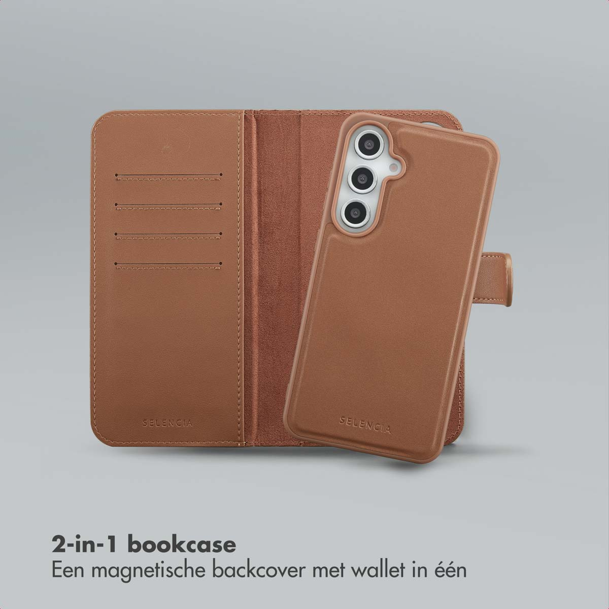 Een bruine 2-in-1 telefoonhoes met portemonnee en magnetische achterkant. De hoes is open en toont kaartsleuven. De telefoon is zichtbaar.